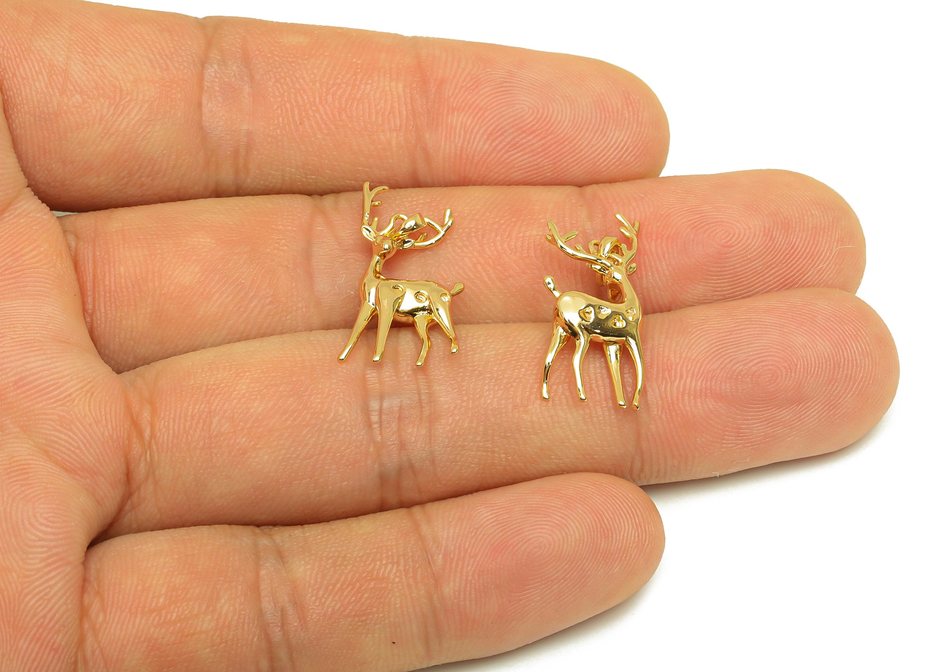 Brass Deer Earring Charm - Textured Sika Deer Pendant with Loop - Gold Animal Deer Charm - 18K Real Gold Plated - 10.35x23.5x3.27mm- RGP7650 - DOMEDBAZAAR
