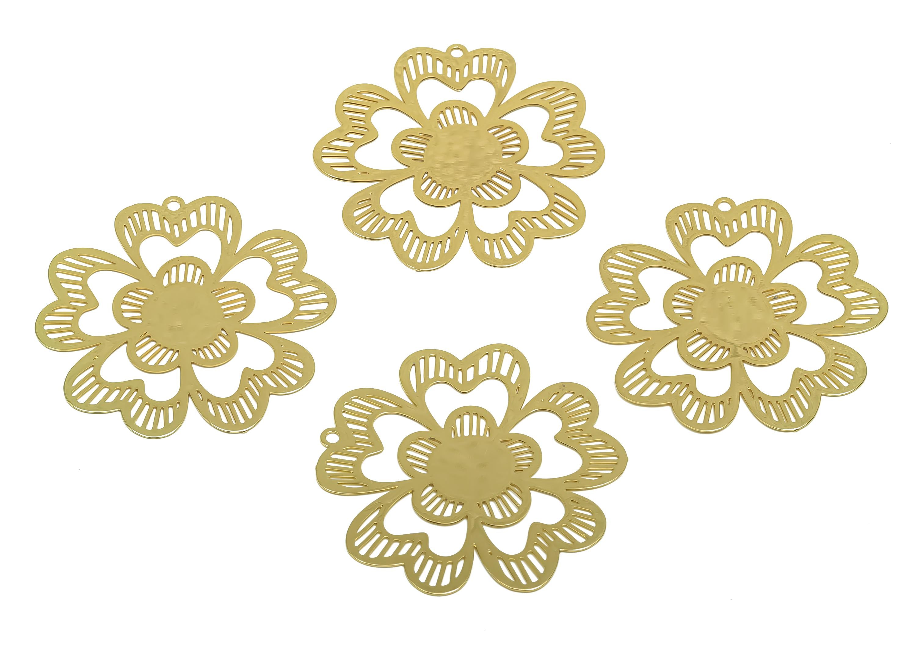 Brass Pattern Earring Charm - Brass Hollow Flower Earring Charm - Brass Botanical Charm - 18K Real Gold Plating - 38x38x0.35mm - RGP8347 - DOMEDBAZAAR
