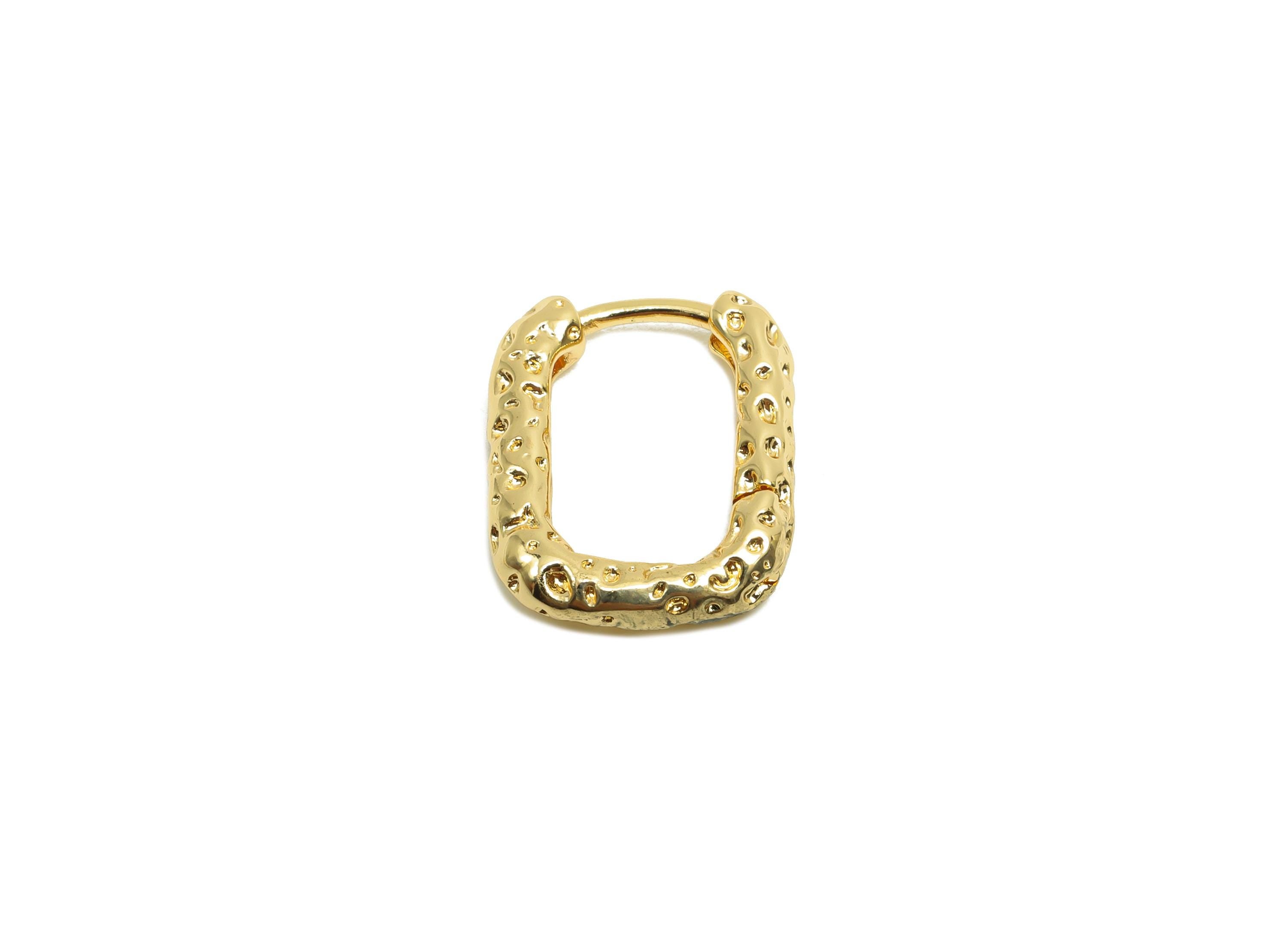 Brass Hoop Earring - Brass Rectangle Huggie Hoop Earring - Textured Clasp Hoop Earring - 18K Real Gold Plating - 15x12.4x2.96mm - RGP8207 - DOMEDBAZAAR