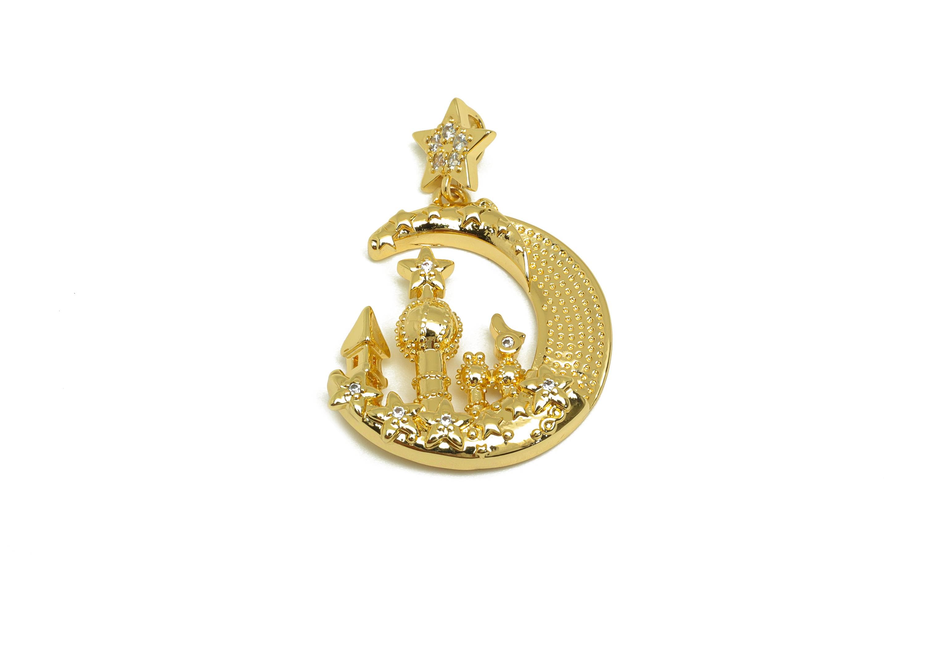 Brass Crescent Earring Charm - Zircon Star Castle Charm - CZ Textured Moon Castle Pendant - 18K Real Gold Plated - 21x29.5x3.51mm - RGP7660 - DOMEDBAZAAR