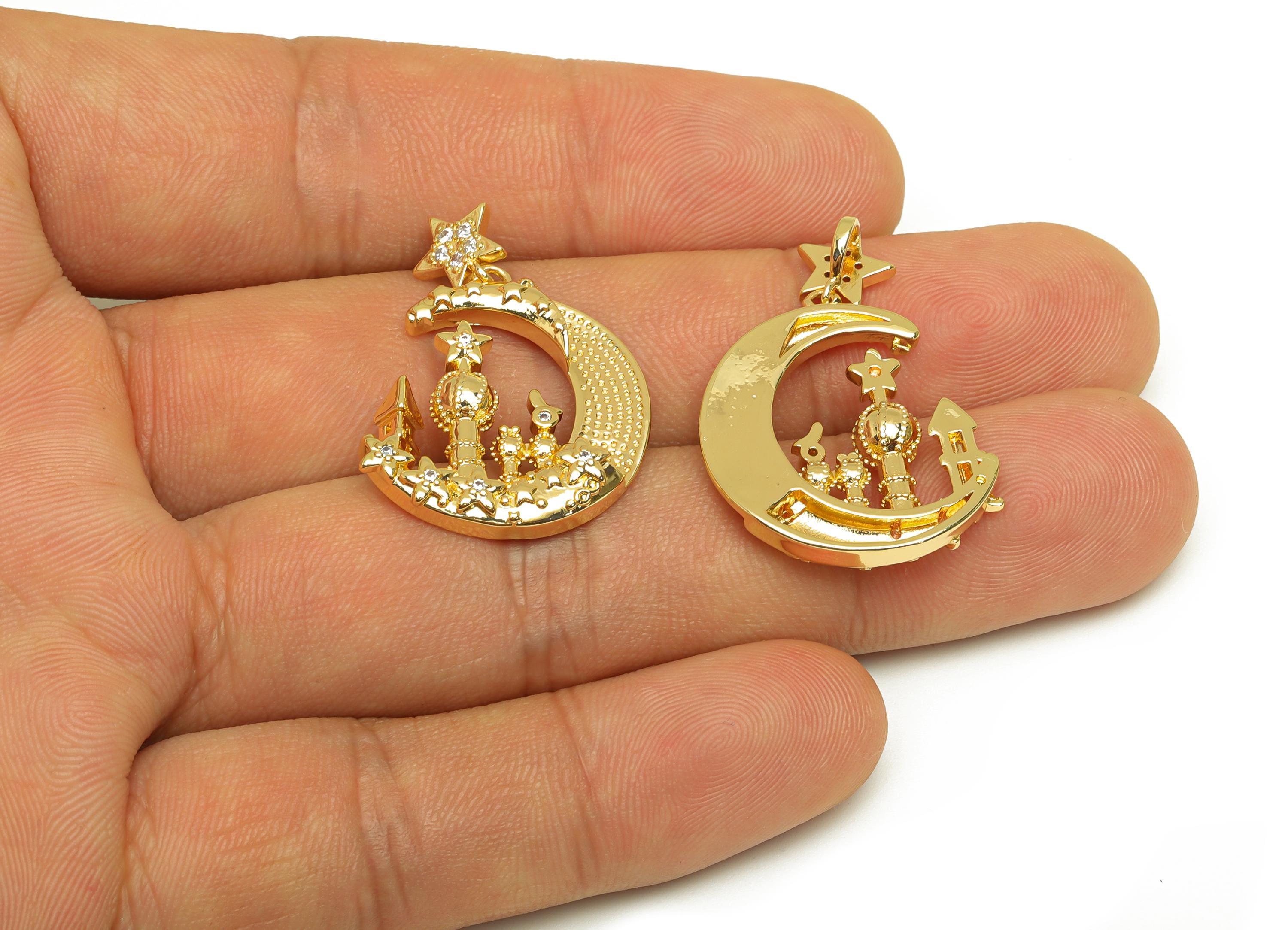 Brass Crescent Earring Charm - Zircon Star Castle Charm - CZ Textured Moon Castle Pendant - 18K Real Gold Plated - 21x29.5x3.51mm - RGP7660 - DOMEDBAZAAR