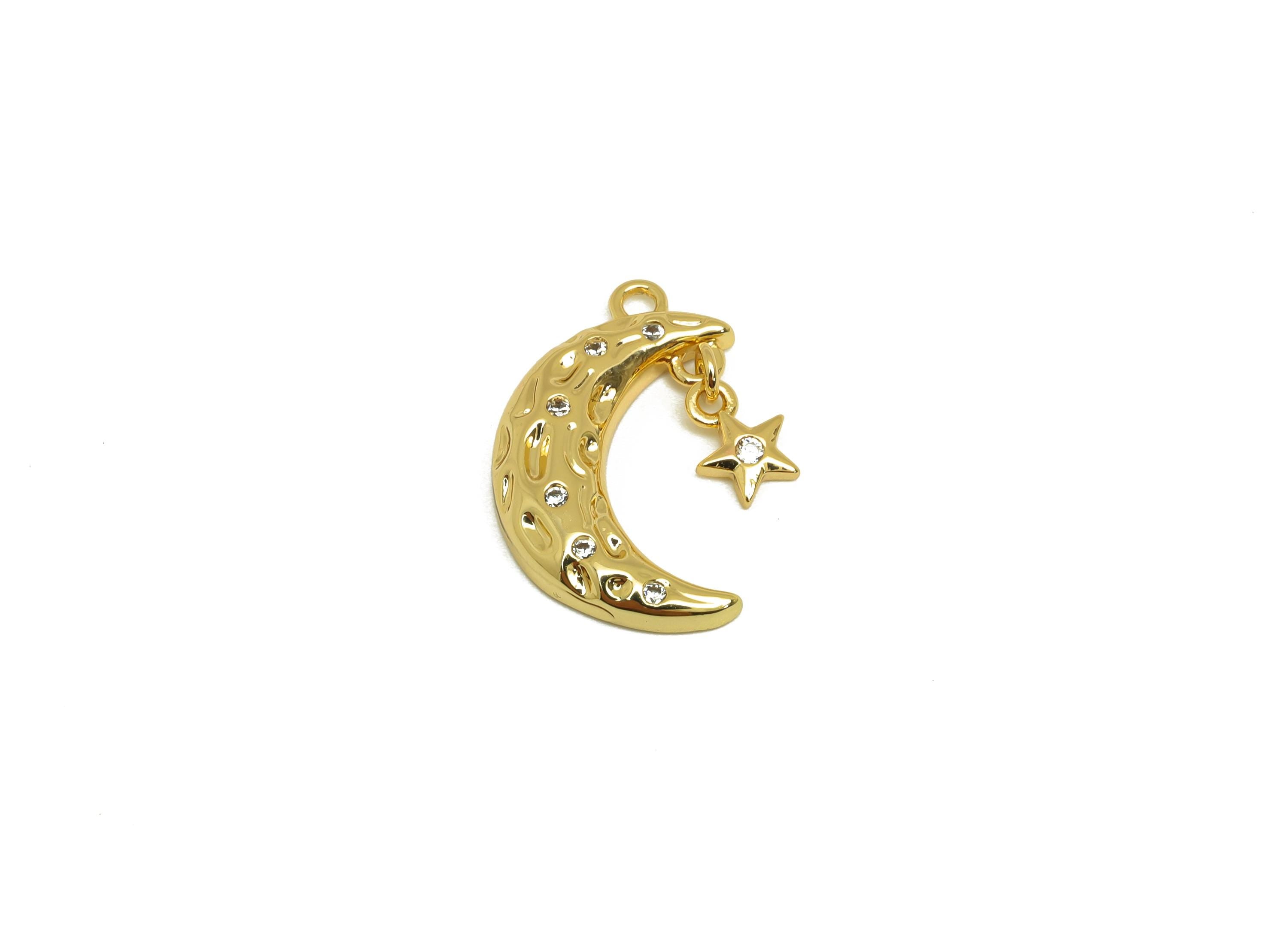 Brass Crescent Earring Charm - Hammered Zircon Star Charm - CZ Hammered Moon Pendant - 18K Real Gold Plated - 19.1x11.62x2.83mm - RGP7661 - DOMEDBAZAAR