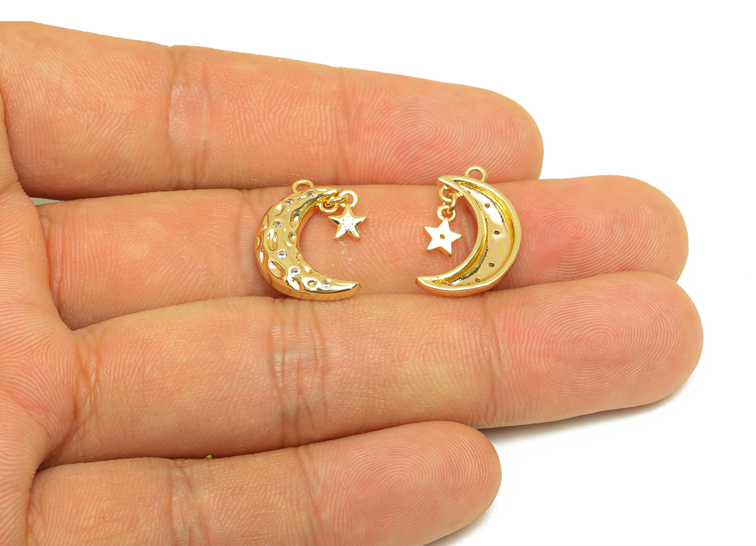 Brass Crescent Earring Charm - Hammered Zircon Star Charm - CZ Hammered Moon Pendant - 18K Real Gold Plated - 19.1x11.62x2.83mm - RGP7661 - DOMEDBAZAAR