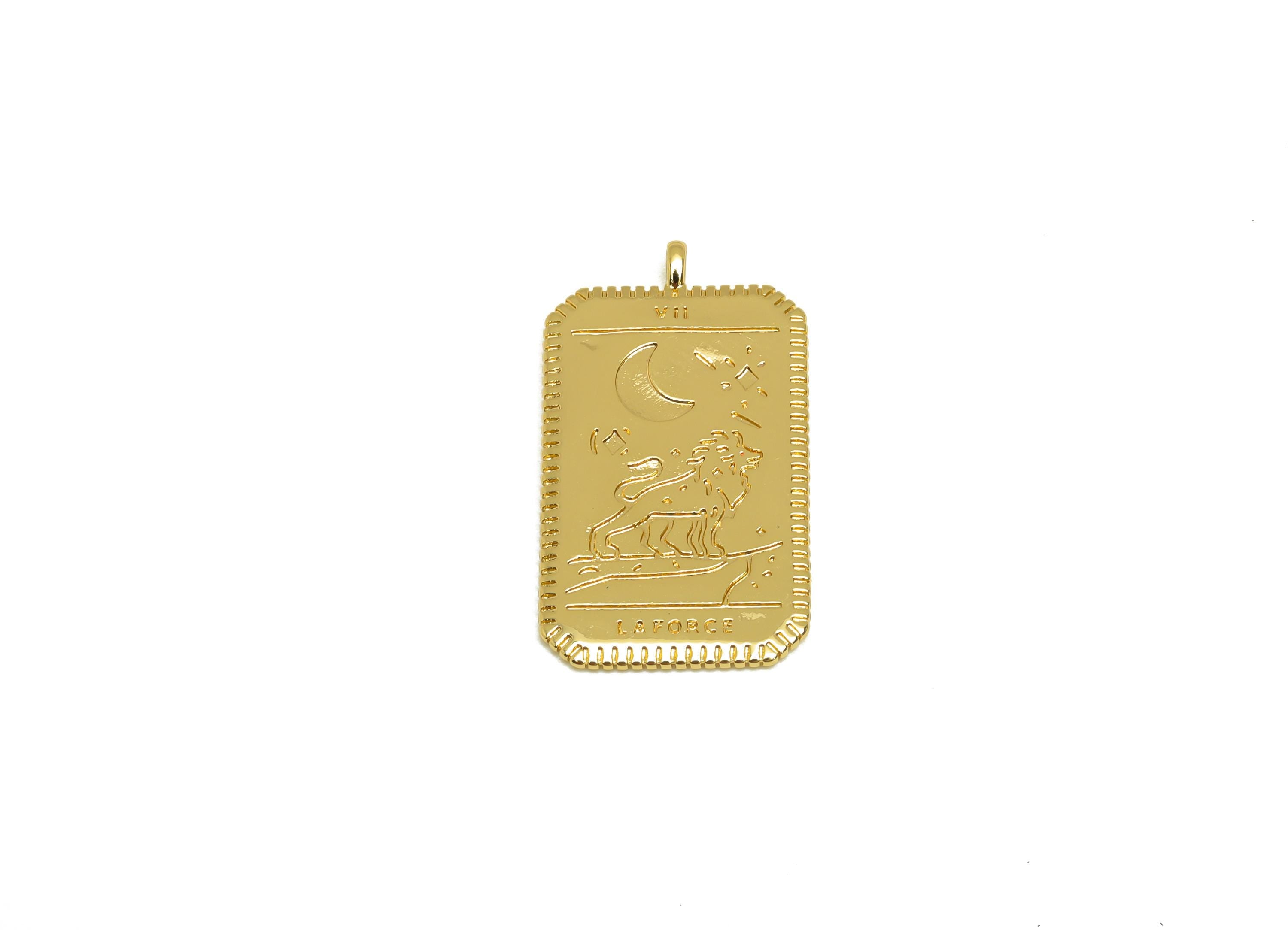 Brass Rectangle Earring Charm - Textured Lion Moon Charm - Gold Rectangle Pendant - 18K Real Gold Plated - 14.69x27.03x1.09mm - RGP7663 - DOMEDBAZAAR