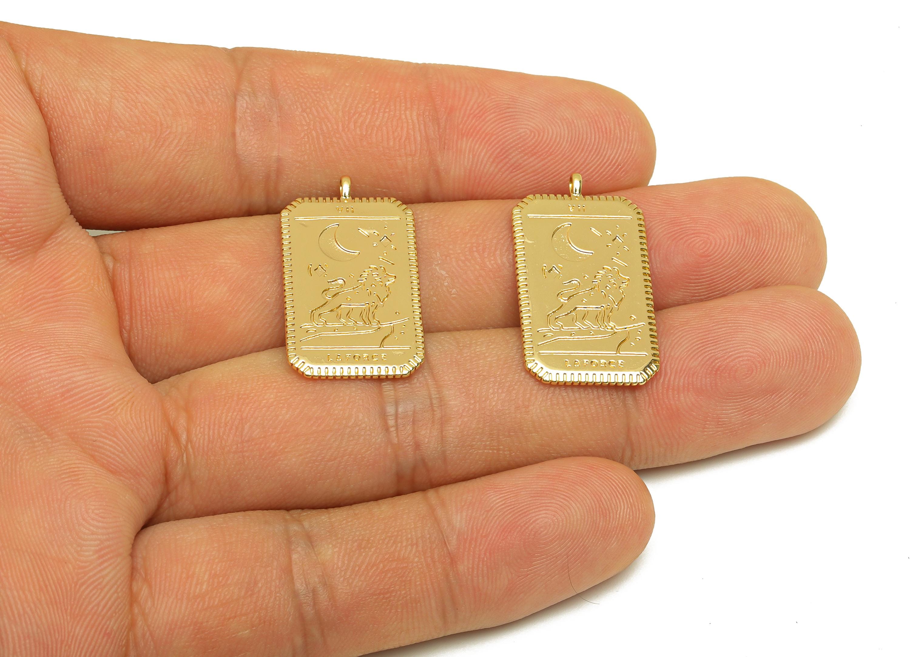 Brass Rectangle Earring Charm - Textured Lion Moon Charm - Gold Rectangle Pendant - 18K Real Gold Plated - 14.69x27.03x1.09mm - RGP7663 - DOMEDBAZAAR