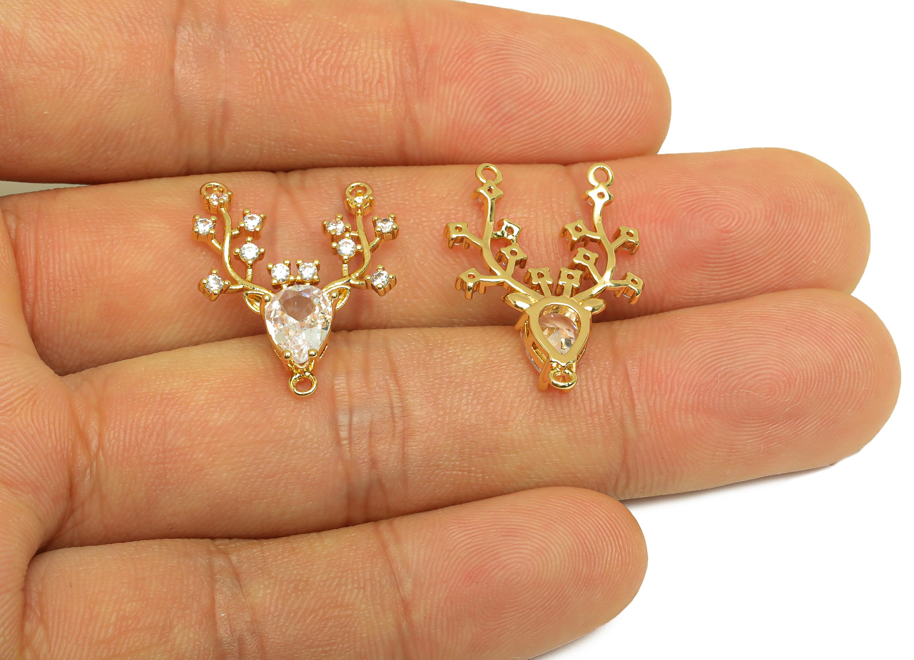 Brass Deer Head Connector - Gold Zircon Deer Charm - CZ Deer Head Connector - For Necklace - 18K Real Gold Plated - 24.7x17.9x4.28mm-RGP7665 - DOMEDBAZAAR