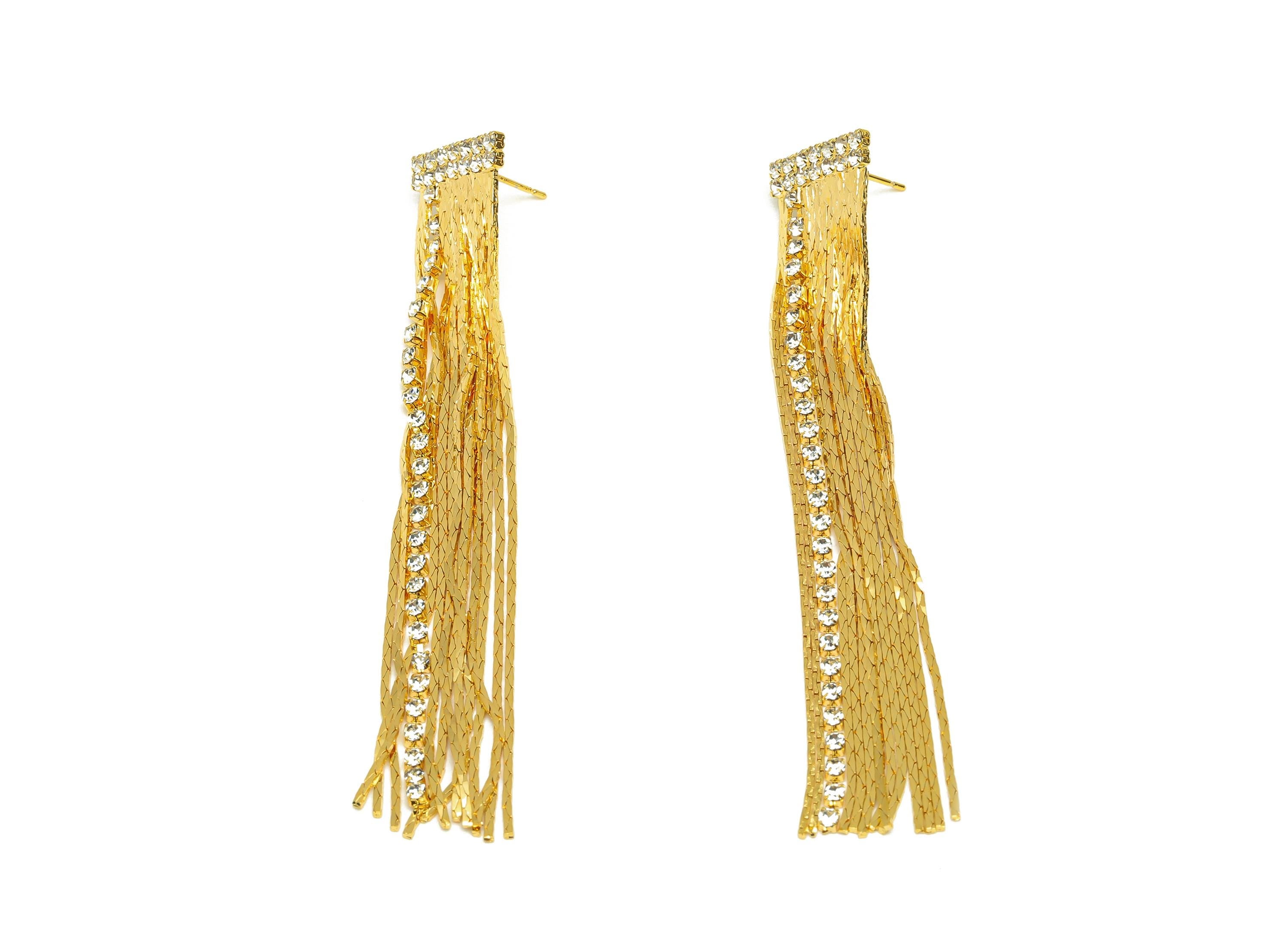 Brass Tassel Chain Earring - Brass CZ Snake Chain Ear Post - Zircon Chain Earring Stud - 18K Real Gold Plated - 89.44x14.77x2.4mm - RGP7581 - DOMEDBAZAAR