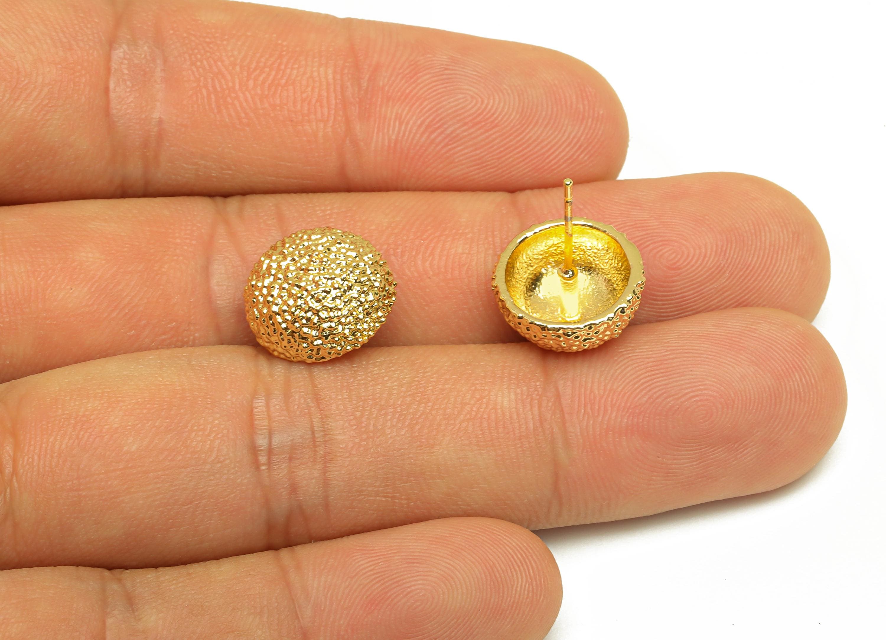 Brass Round Earring Stud - Textured Circle Earring Post - Frosted Earring Post - 18K Real Gold Plating - 18.3x 13.53x7.06mm - RGP7814 - DOMEDBAZAAR