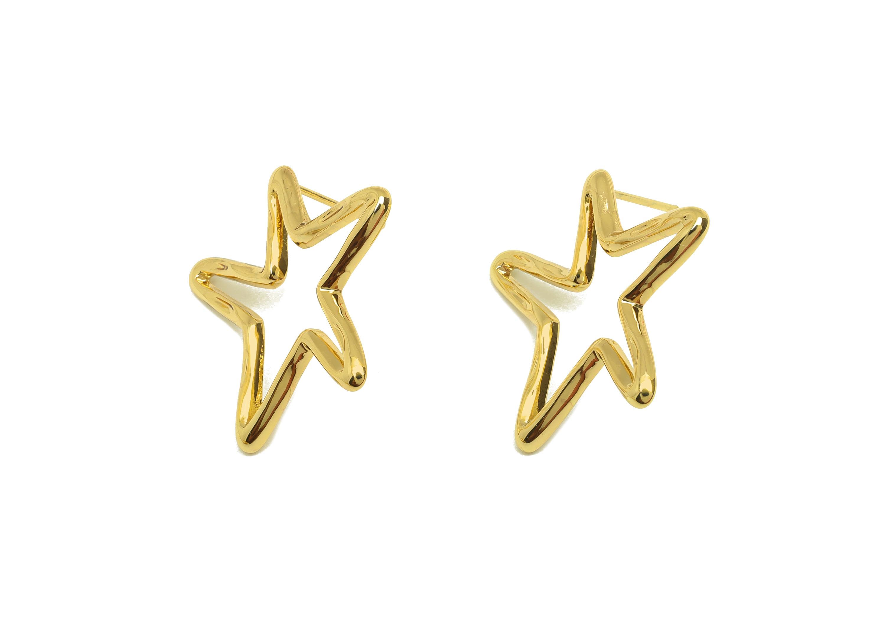 Brass Star Earring Stud - Textured Star Earring Post - Brass Star Wire Earring Post - 18K Real Gold Plating - 26.47x25.77x1.81mm - RGP7813 - DOMEDBAZAAR