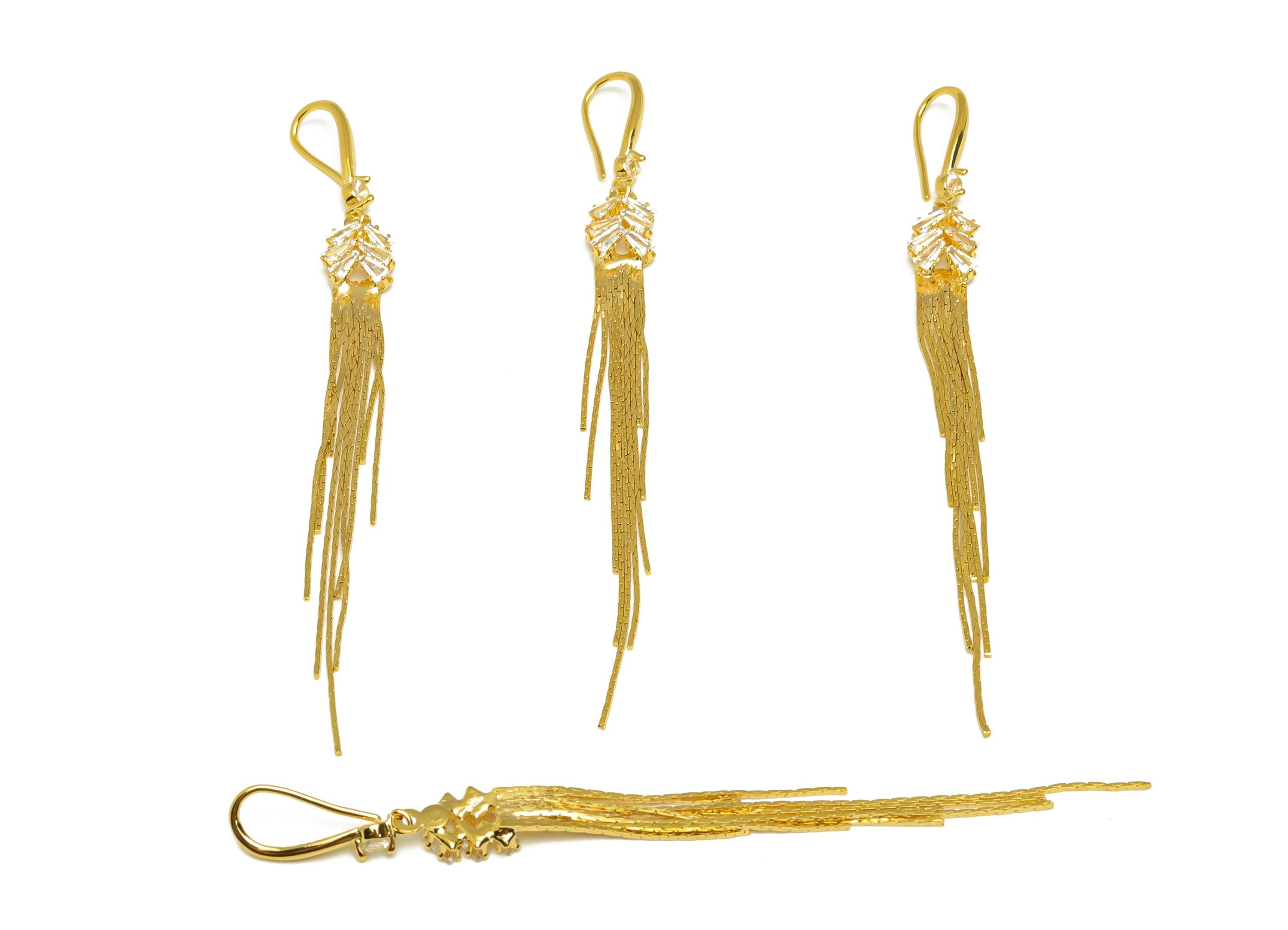 Brass Tassel Chain Earring - Gold CZ Snake Chain Ear Wire - Zircon Chain Earring Hook - 18K Real Gold Plating - 89.26x7.6x2.63mm - RGP7582 - DOMEDBAZAAR