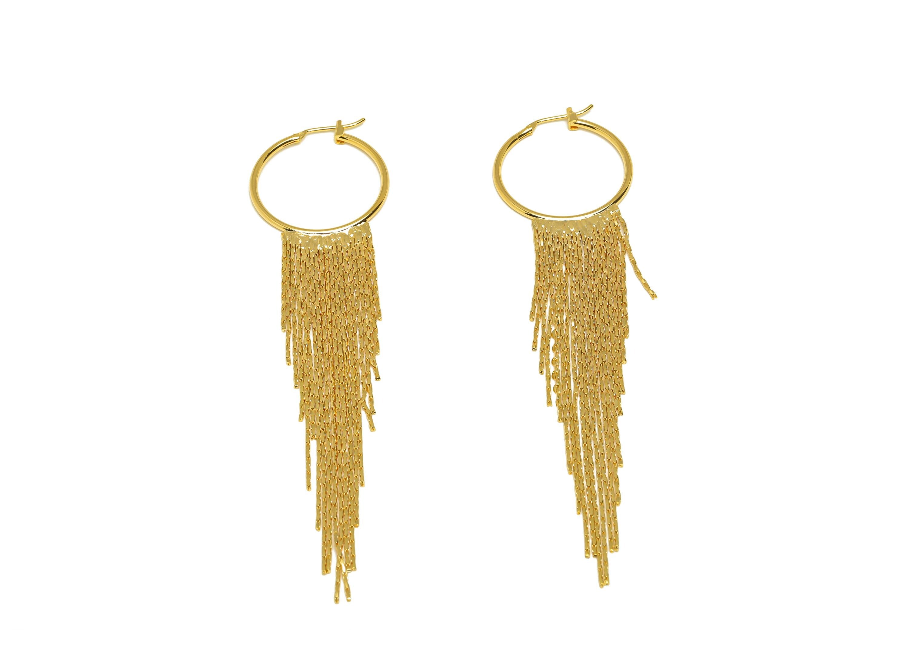 Tassel Huggie Hoop Ear - Brass Snake Chain Tassel Earring - Gold Snake Chian Ear Clasp - 18K Real Gold Plated - 101.35x25.06x1.46mm- RGP7584 - DOMEDBAZAAR