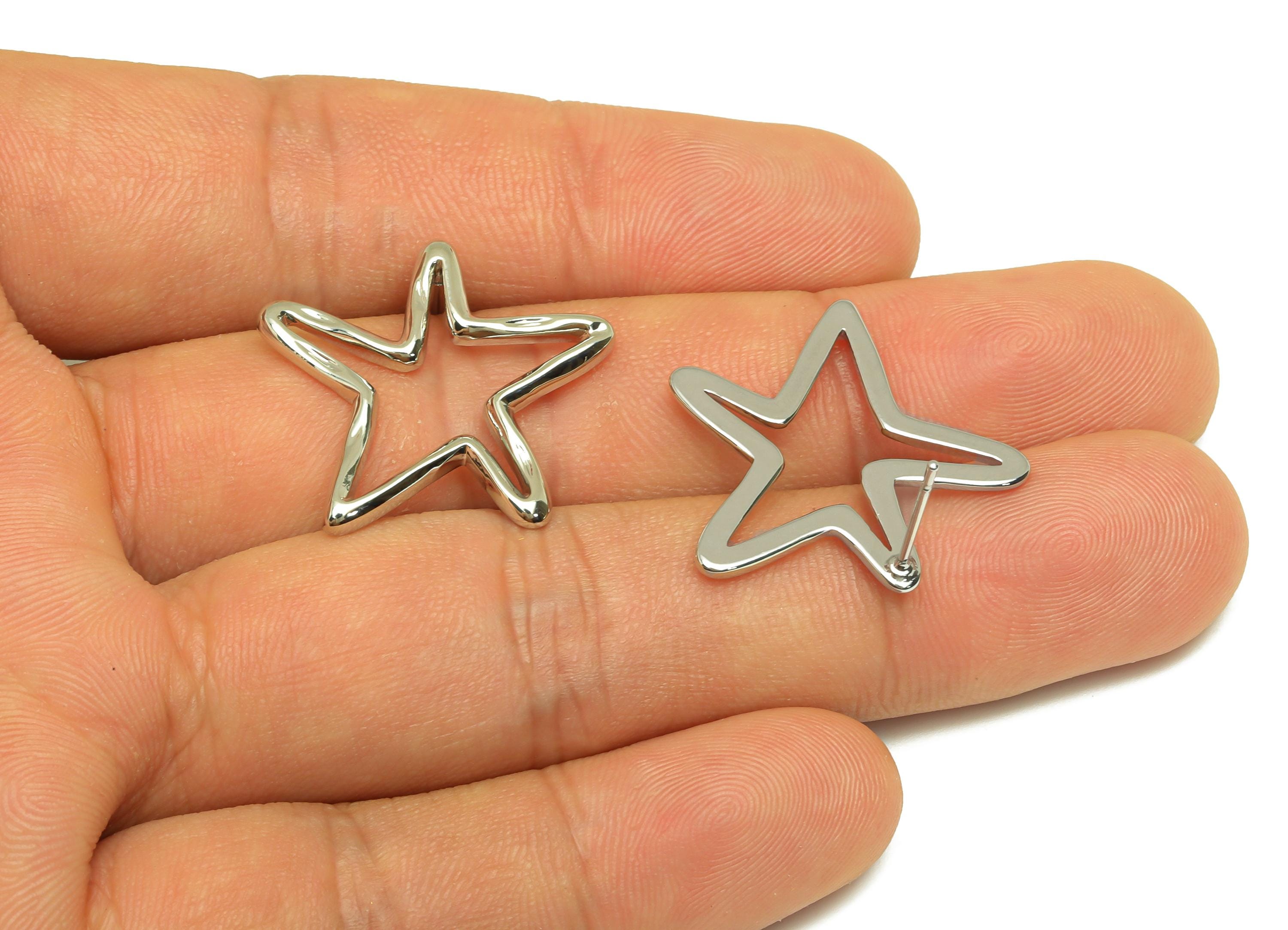 Brass Star Earring Stud - Textured Star Earring Post - Brass Star Wire Earring Post - 18K Real White Gold Plating - 26.47x25x1mm - RGP7802 - DOMEDBAZAAR