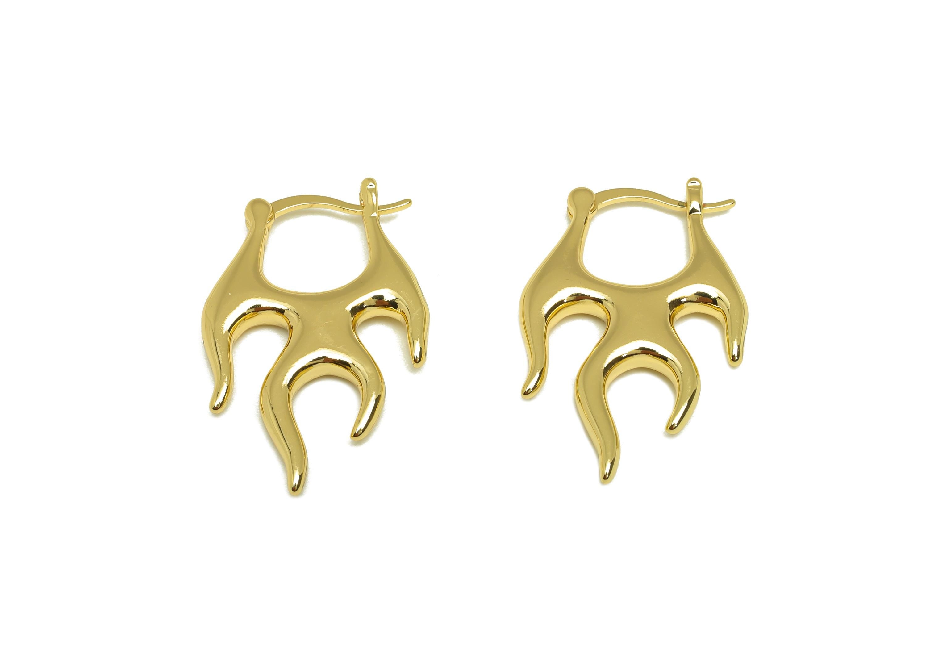 Brass Flame Hoop Earrings - Flame Gold Huggie Hoop Earring Clasp - Textured Flame Ear - 18K Real Gold Plating - 29.63x19.14x0.68mm - RGP7585 - DOMEDBAZAAR
