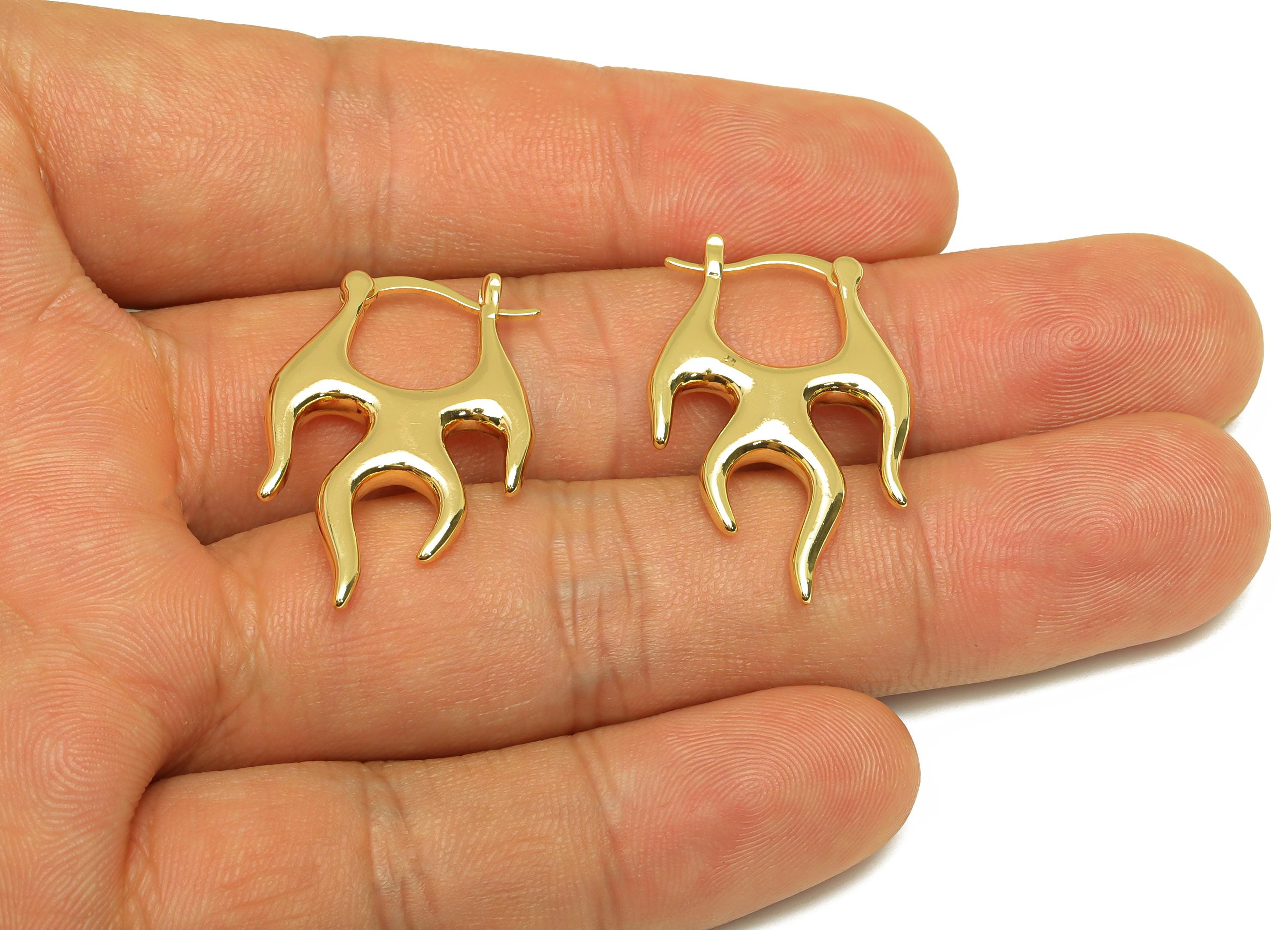 Brass Flame Hoop Earrings - Flame Gold Huggie Hoop Earring Clasp - Textured Flame Ear - 18K Real Gold Plating - 29.63x19.14x0.68mm - RGP7585 - DOMEDBAZAAR