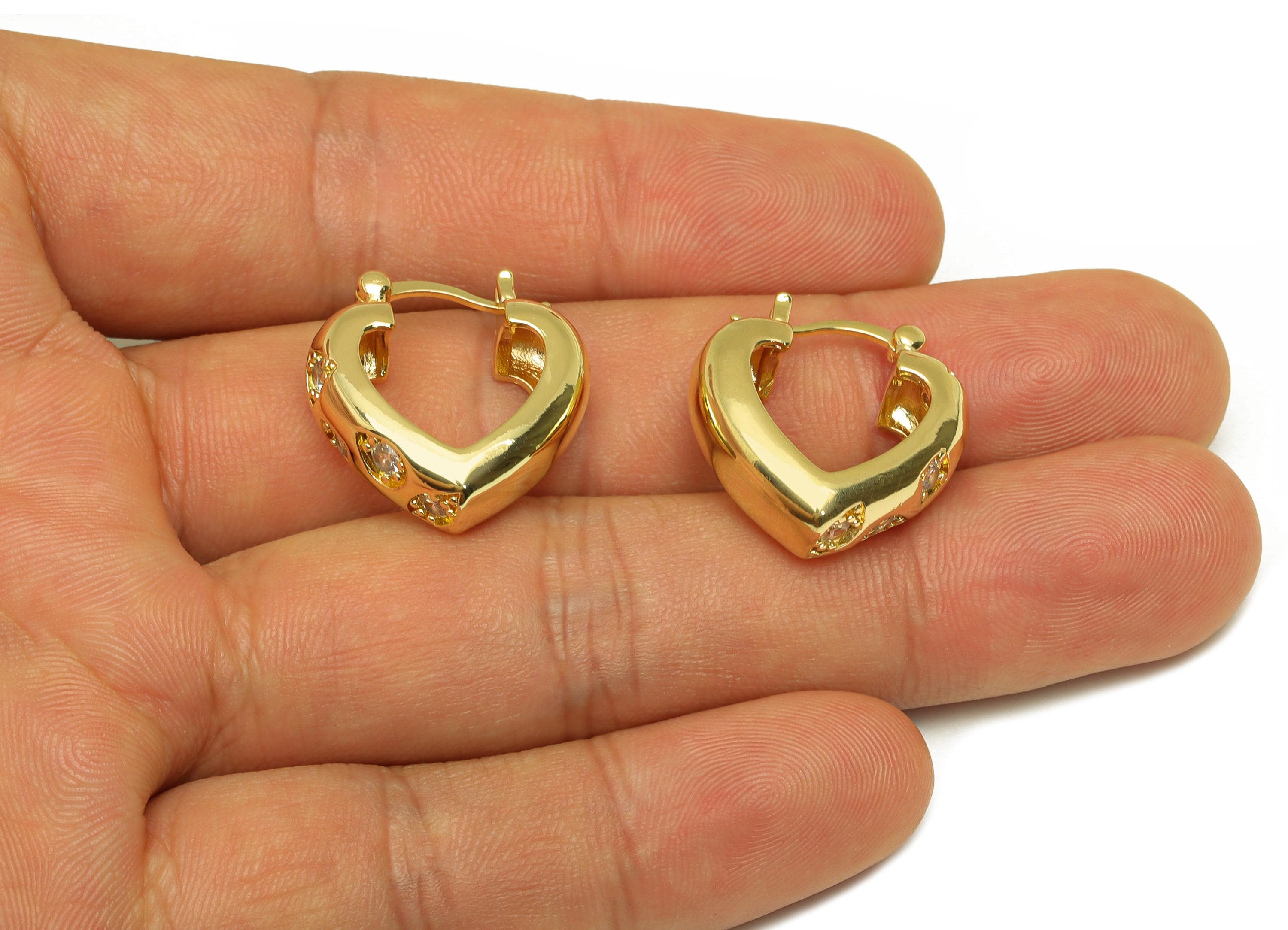 Brass Heart Hoop Earring - Gold Geometric Zircon Huggie Earrings - Heart Hoop Earrings - 18K Real Gold Plated - 22.02x20.4x0.71mm - RGP7588 - DOMEDBAZAAR