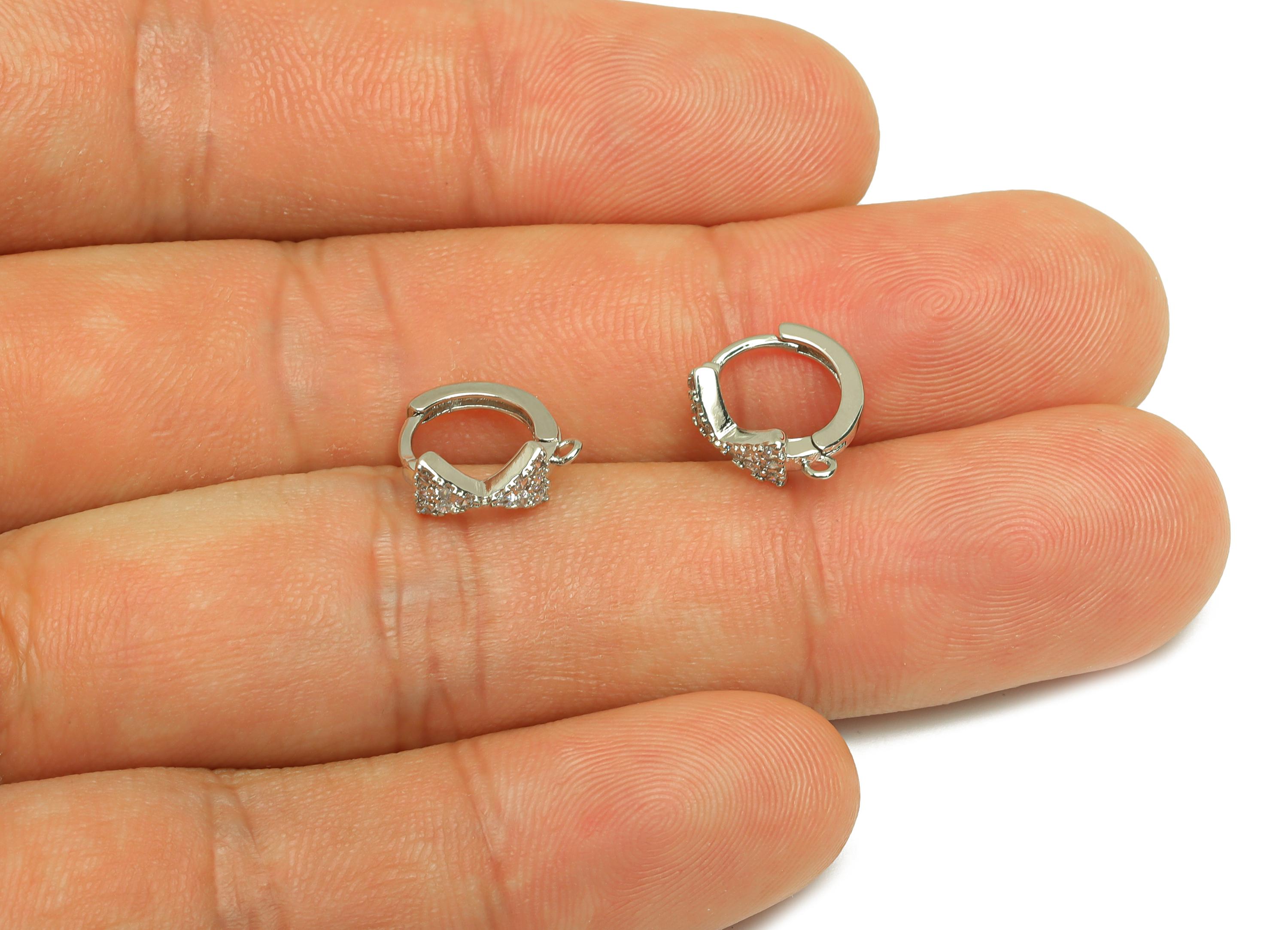 Brass CZ Bow Huggie Hoop - Butterfly Bow Earring Clasp - Zircon Hoop Clasp Earring - 18K Real White Gold Plating - 10x10x4.8mm - RGP7826 - DOMEDBAZAAR