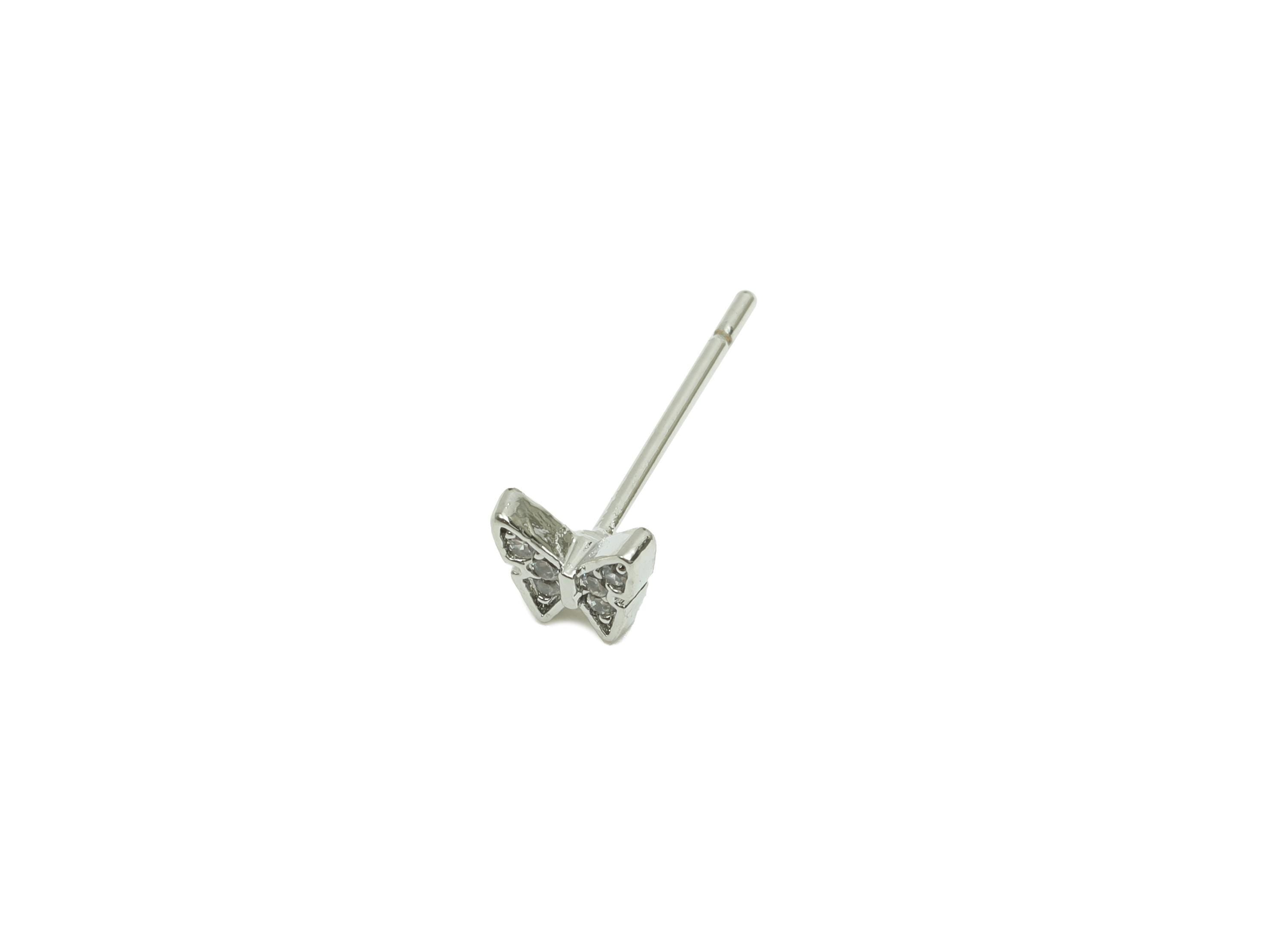 Brass CZ Earring Post - Brass Butterfly Earring Stud - Brass Cubic Zircon Earring Post - 18K Real White Gold Plating - 13x4.9x1mm - RGP8226 - DOMEDBAZAAR