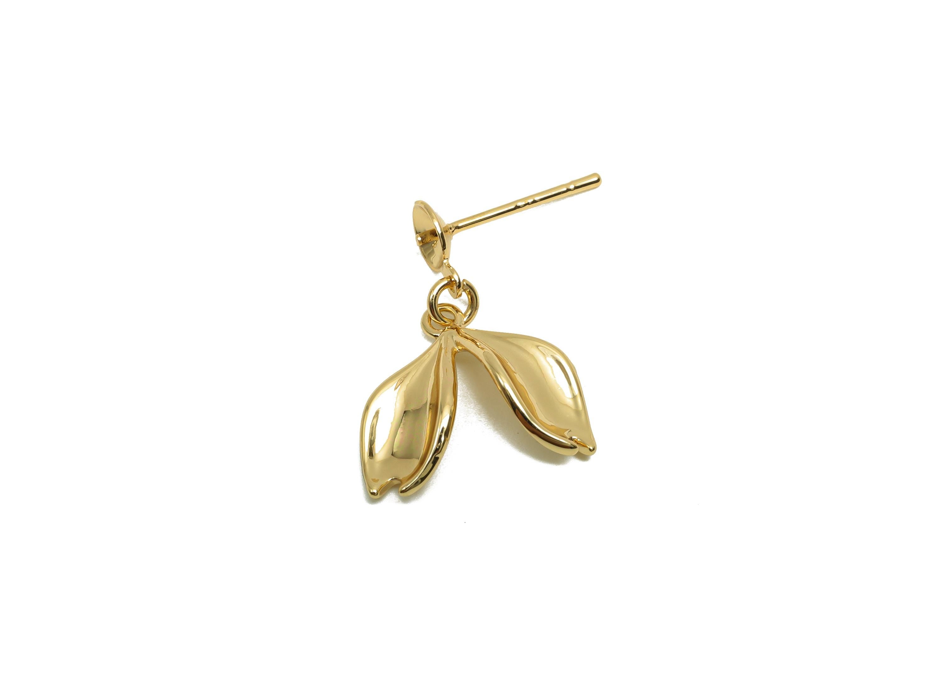 Brass Leaf Earring Stud - Brass Dangle Leaf Earring Post - Brass Earring Post For Pearl - 18K Real Gold Plating - 22x15.7x4.72mm - RGP8205 - DOMEDBAZAAR