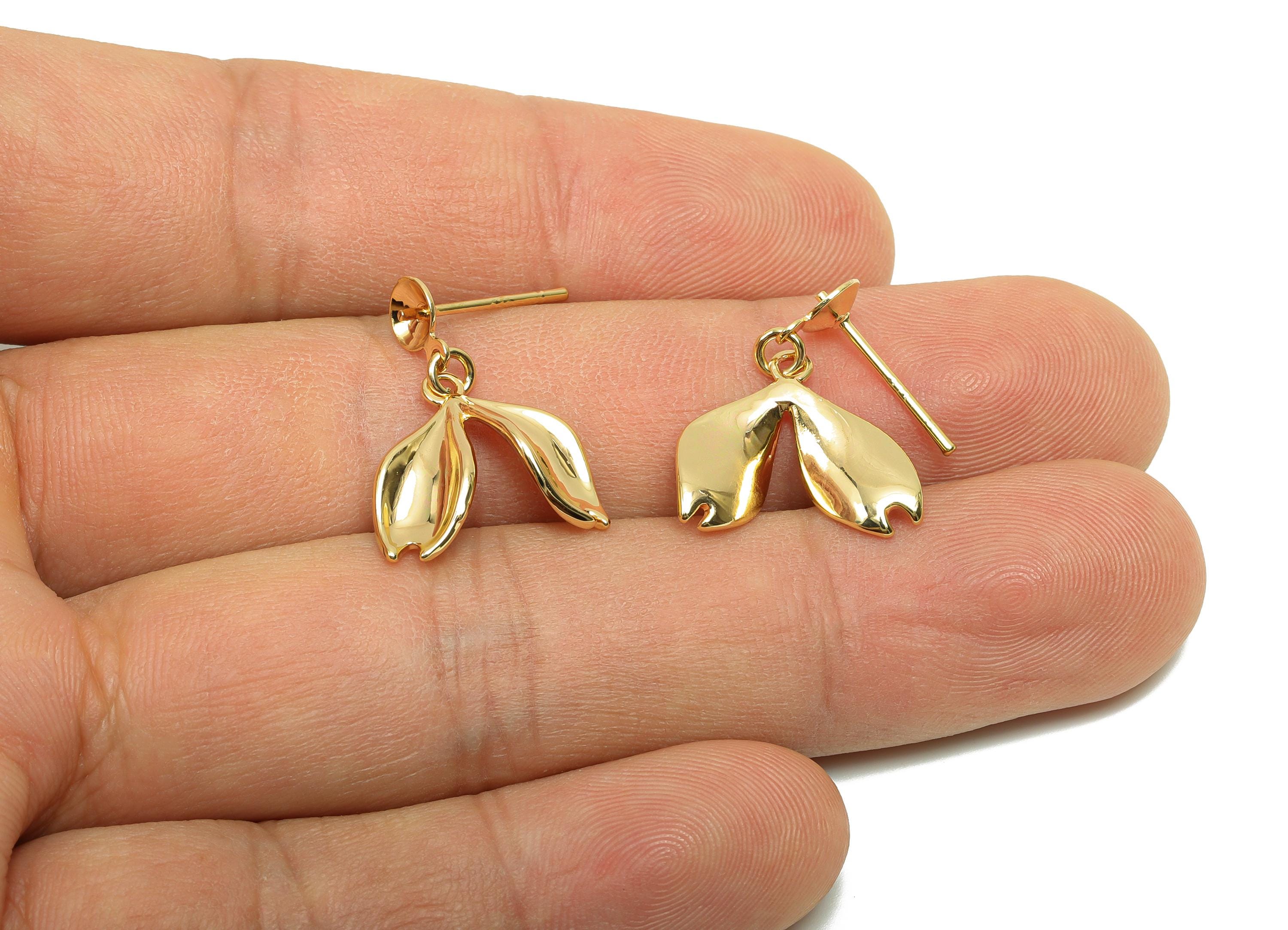 Brass Leaf Earring Stud - Brass Dangle Leaf Earring Post - Brass Earring Post For Pearl - 18K Real Gold Plating - 22x15.7x4.72mm - RGP8205 - DOMEDBAZAAR