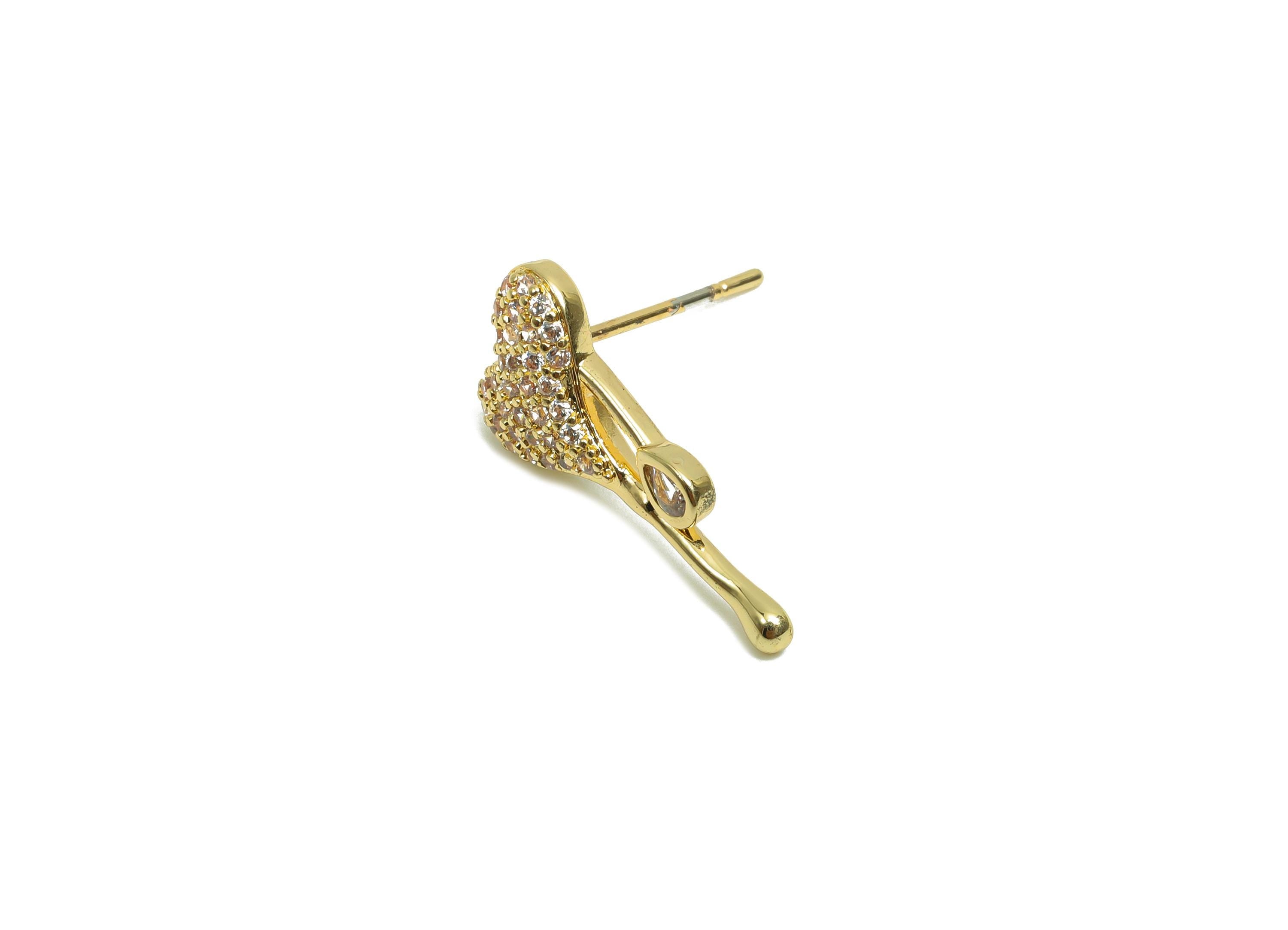 Brass CZ Earring Stud - Brass Cubic Zircon Earring Post - Brass Melt Heart Earring Post - 18K Real Gold Plating - 19.5x9x3.3mm - RGP8190 - DOMEDBAZAAR