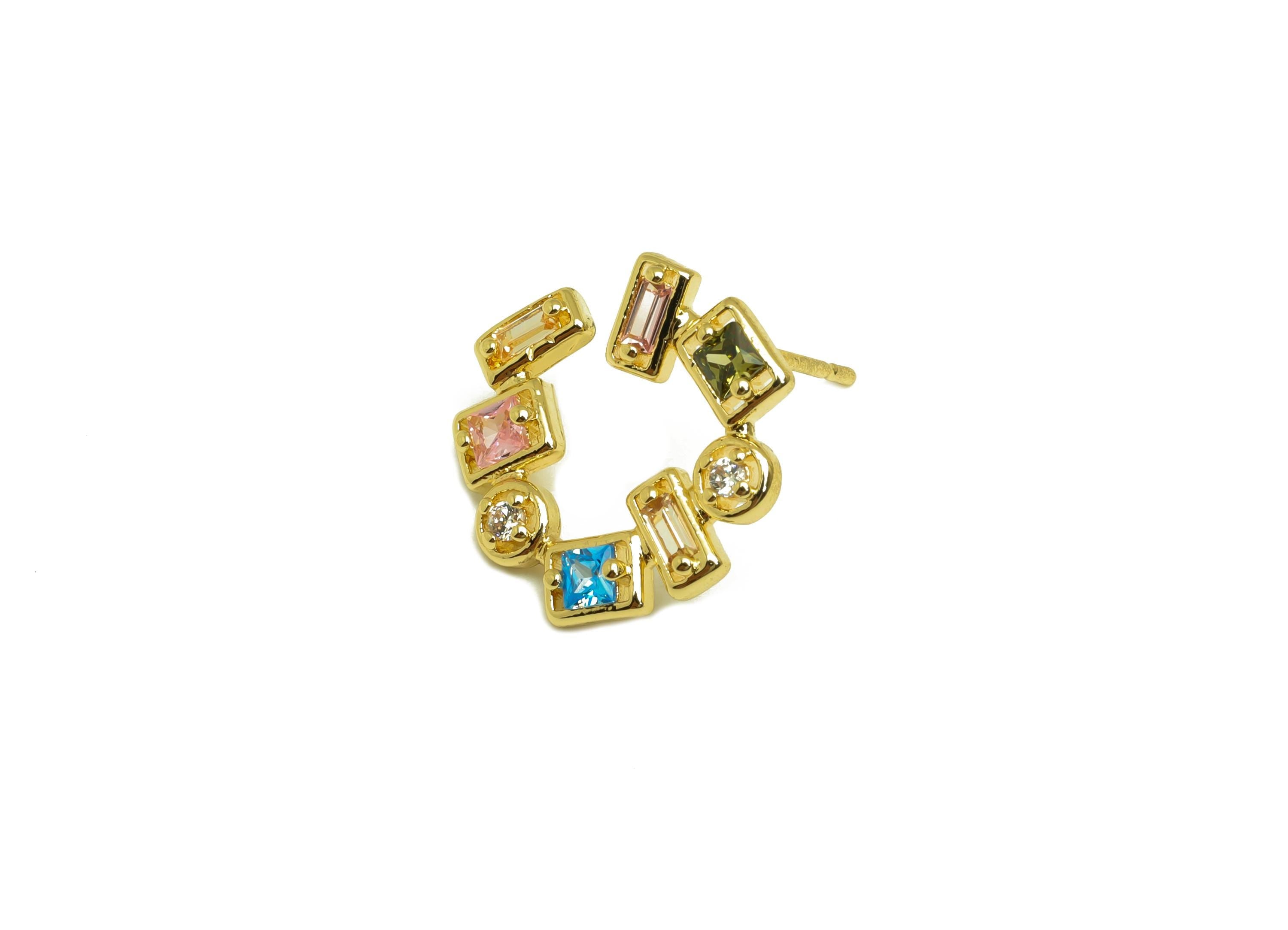 Brass Round Earring - Gold Colorful Zircon Earring Stud - CZ Round Geometry Ear Post - 18K Real Gold Plating - 14.41x16.41x2.26mm - RGP7997 - DOMEDBAZAAR