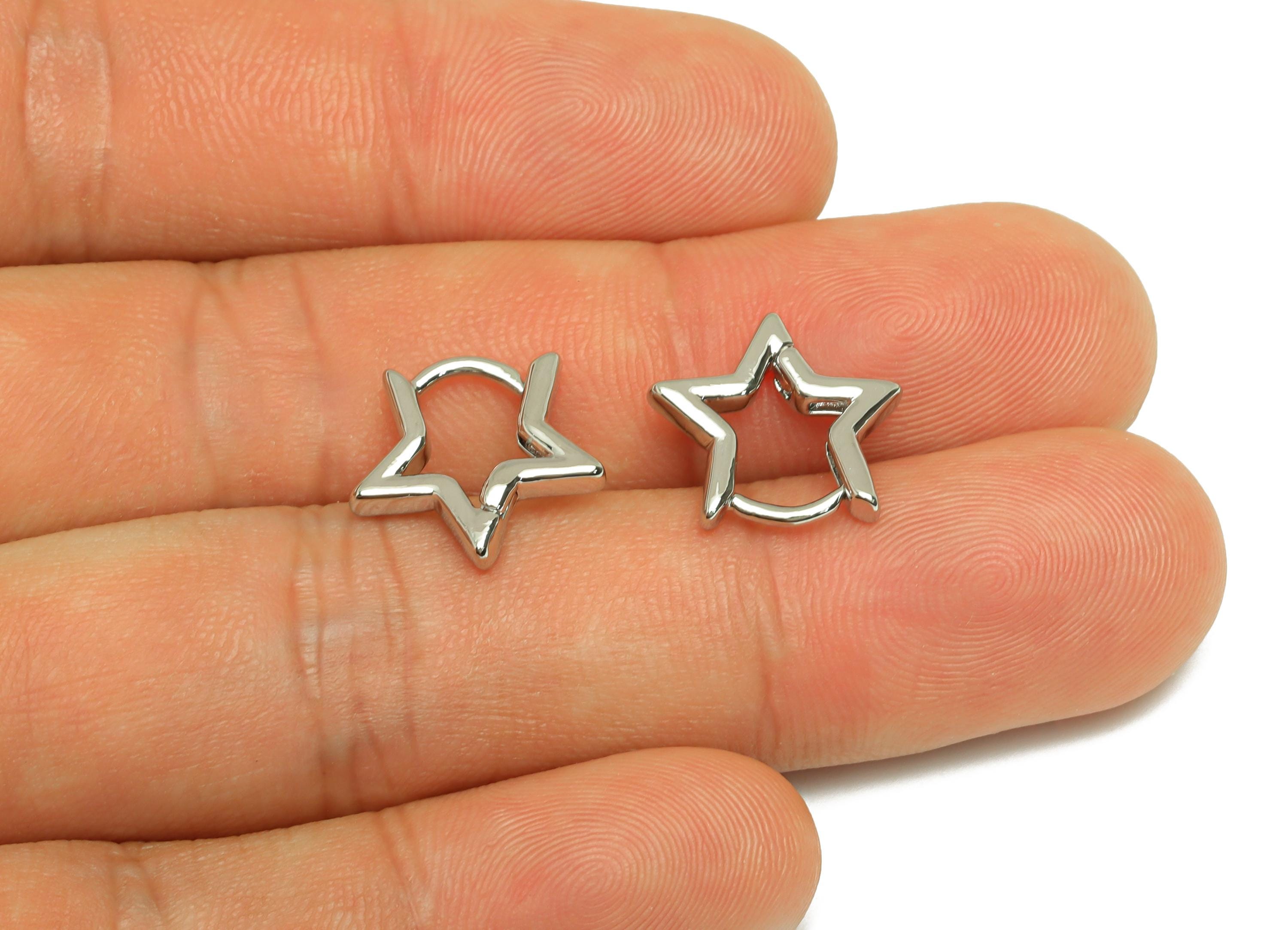 Brass Hoop Earring - Brass Star Hoop Earring - Brass Star Huggie Hoop Earring - 18K Real White Gold Plating - 14.45x13.57x2.25mm - RGP7797 - DOMEDBAZAAR