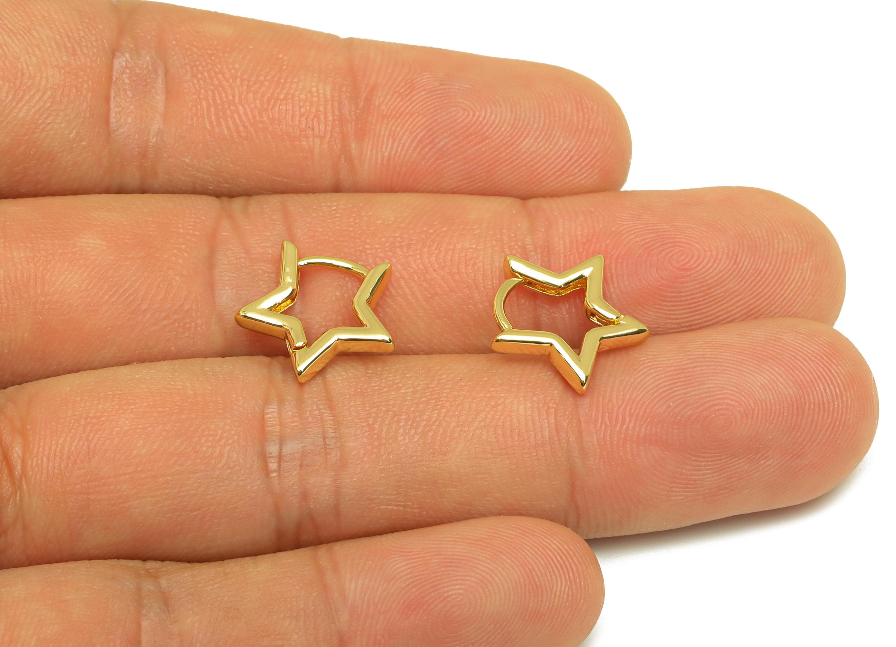 Brass Star Hoop Earring - Brass Star Hoop Earring - Brass Star Huggie Hoop Clasp Earring - 18K Real Gold Plating - 14.45x13.57x2mm - RGP7808 - DOMEDBAZAAR