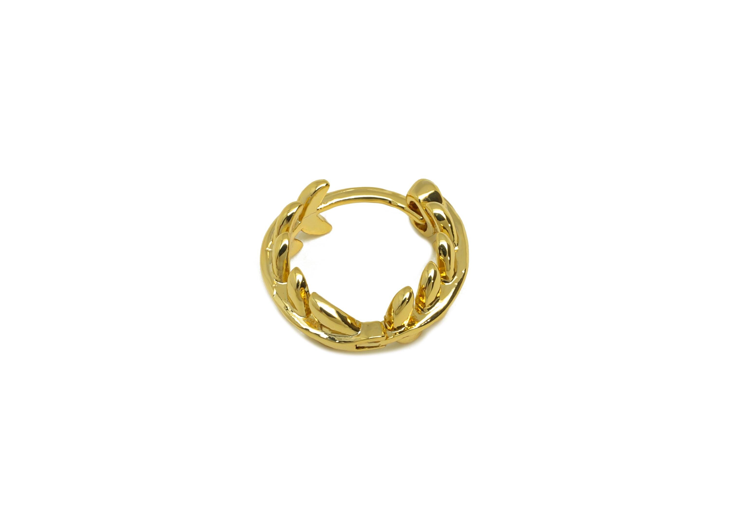 Brass Huggie Hoop Earring - Brass Leaf Earring Clasp - Branch Hoop Clasp Earring - 18K Real Gold Plating - 12.78x12.57x4.7mm - RGP7832 - DOMEDBAZAAR