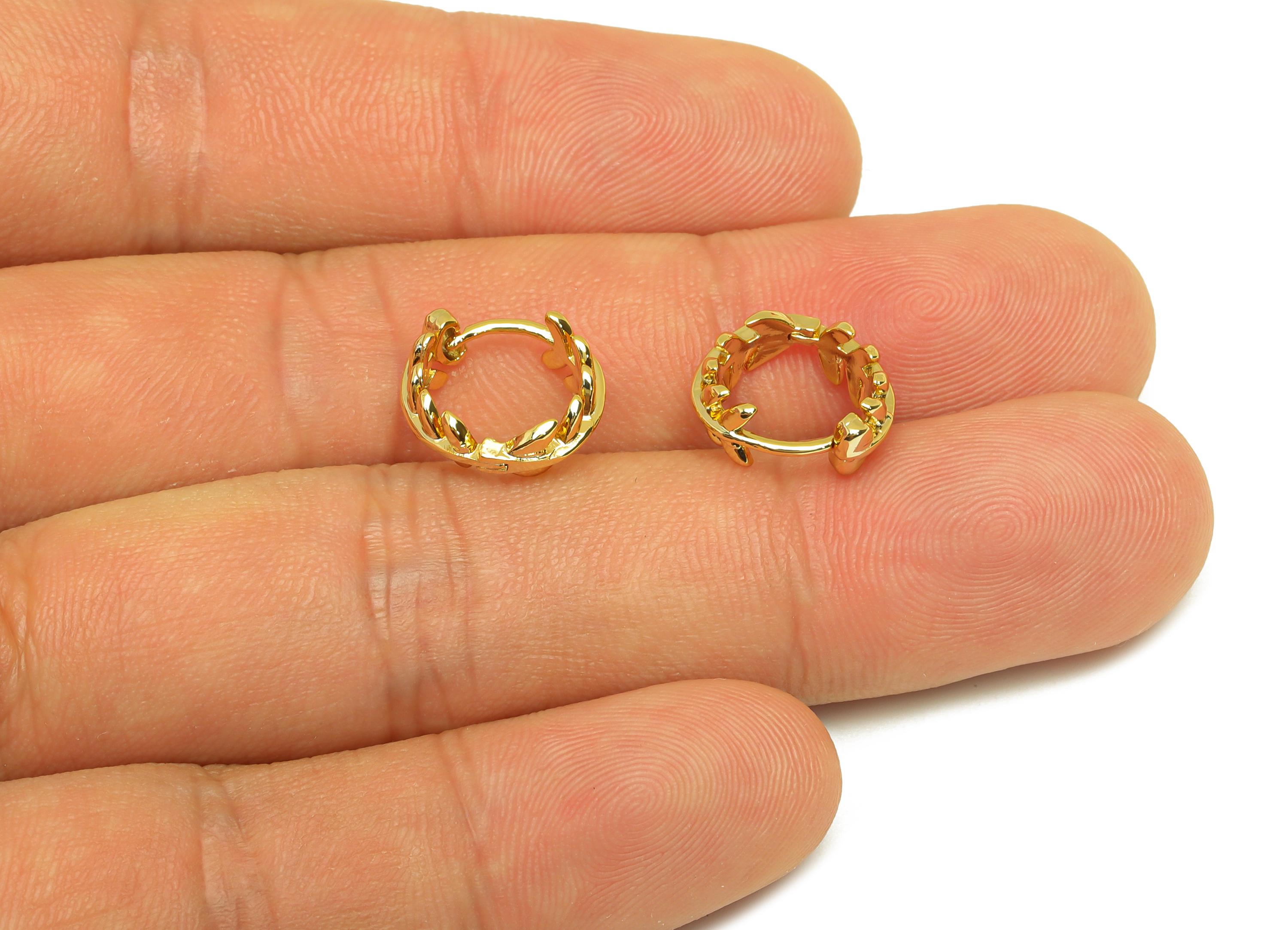 Brass Huggie Hoop Earring - Brass Leaf Earring Clasp - Branch Hoop Clasp Earring - 18K Real Gold Plating - 12.78x12.57x4.7mm - RGP7832 - DOMEDBAZAAR