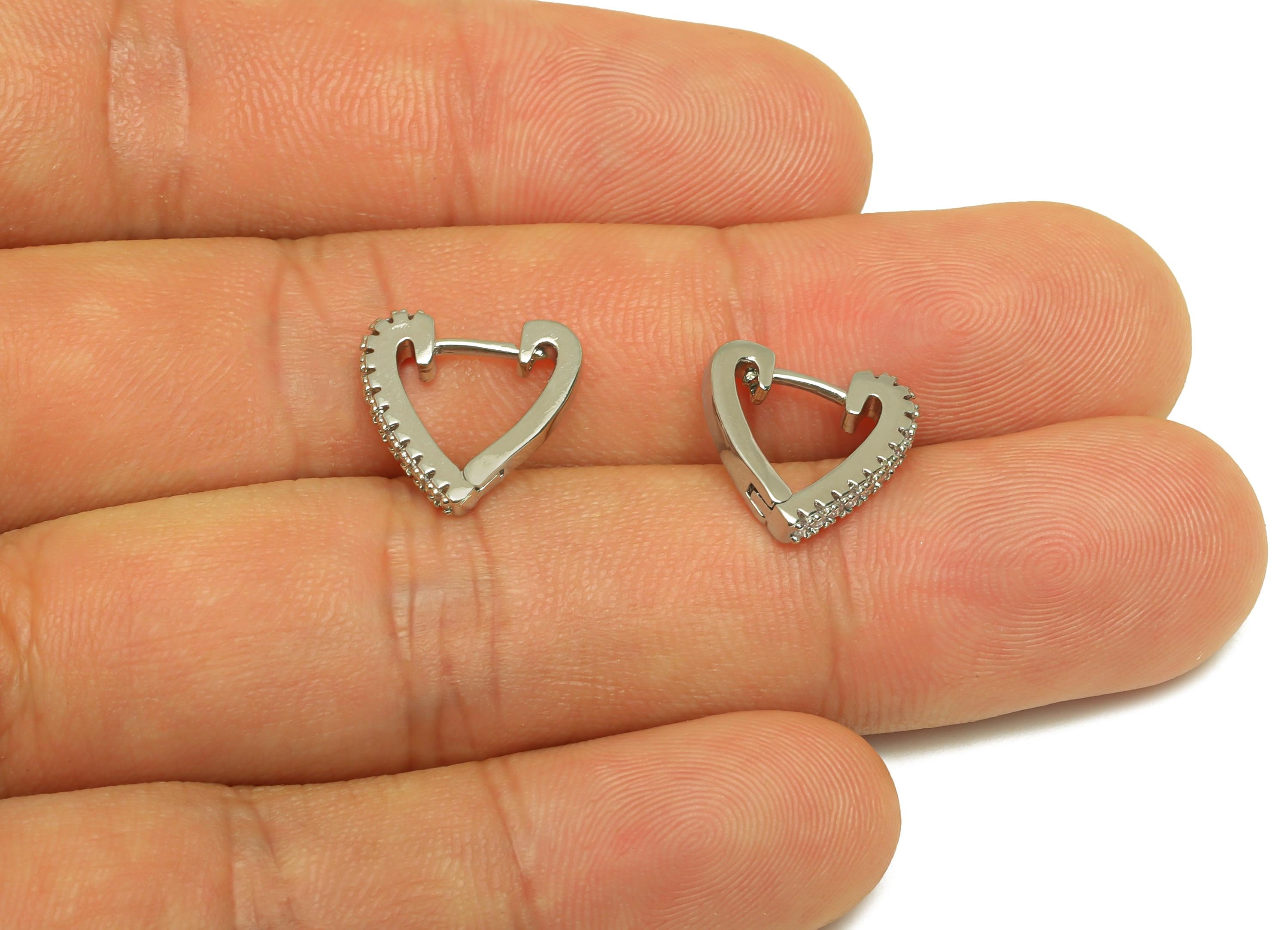 Brass Huggie Hoop Earring - Brass Heart Earring Clasp - Zircon Hoop Clasp Earring - 18K Real White Gold Plating - 13x12.7x2.14mm - RGP7799 - DOMEDBAZAAR