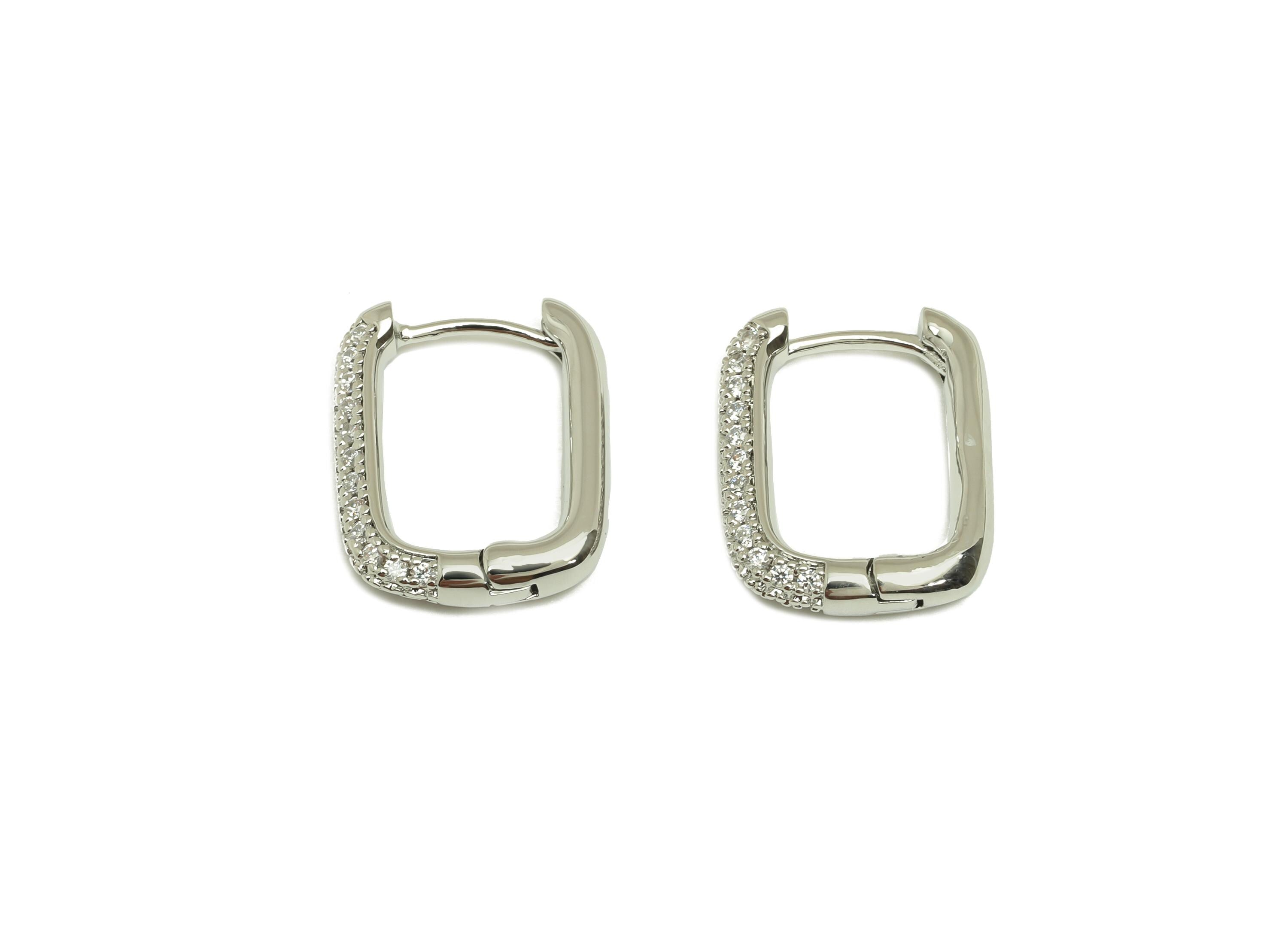 Brass Huggie Hoop Earring - Brass Rectangle Earring Clasp - Zircon Hoop Clasp Earring - 18K Real White Gold Plating - 19.42x14x3mm - RGP7804 - DOMEDBAZAAR