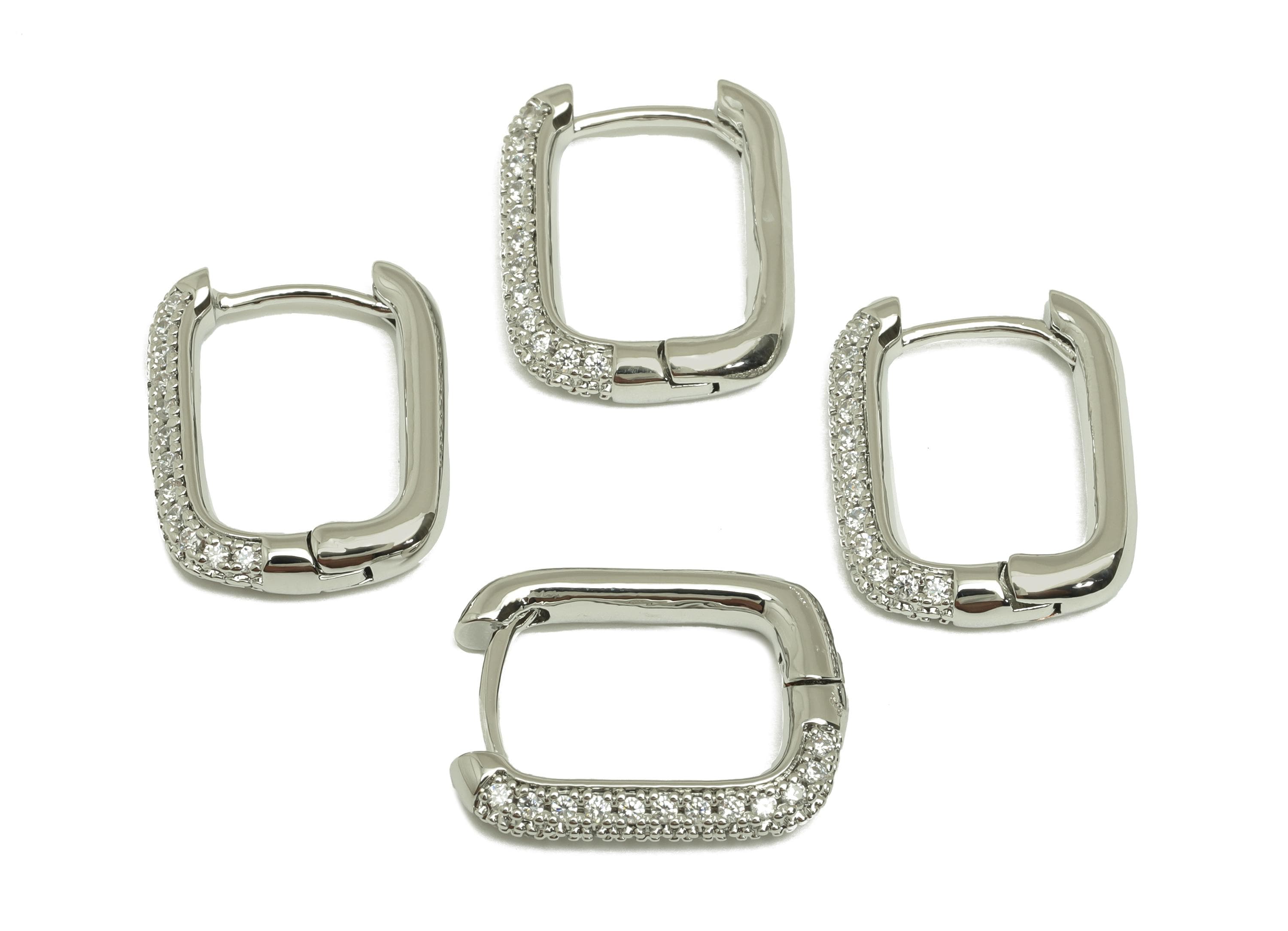 Brass Huggie Hoop Earring - Brass Rectangle Earring Clasp - Zircon Hoop Clasp Earring - 18K Real White Gold Plating - 19.42x14x3mm - RGP7804 - DOMEDBAZAAR