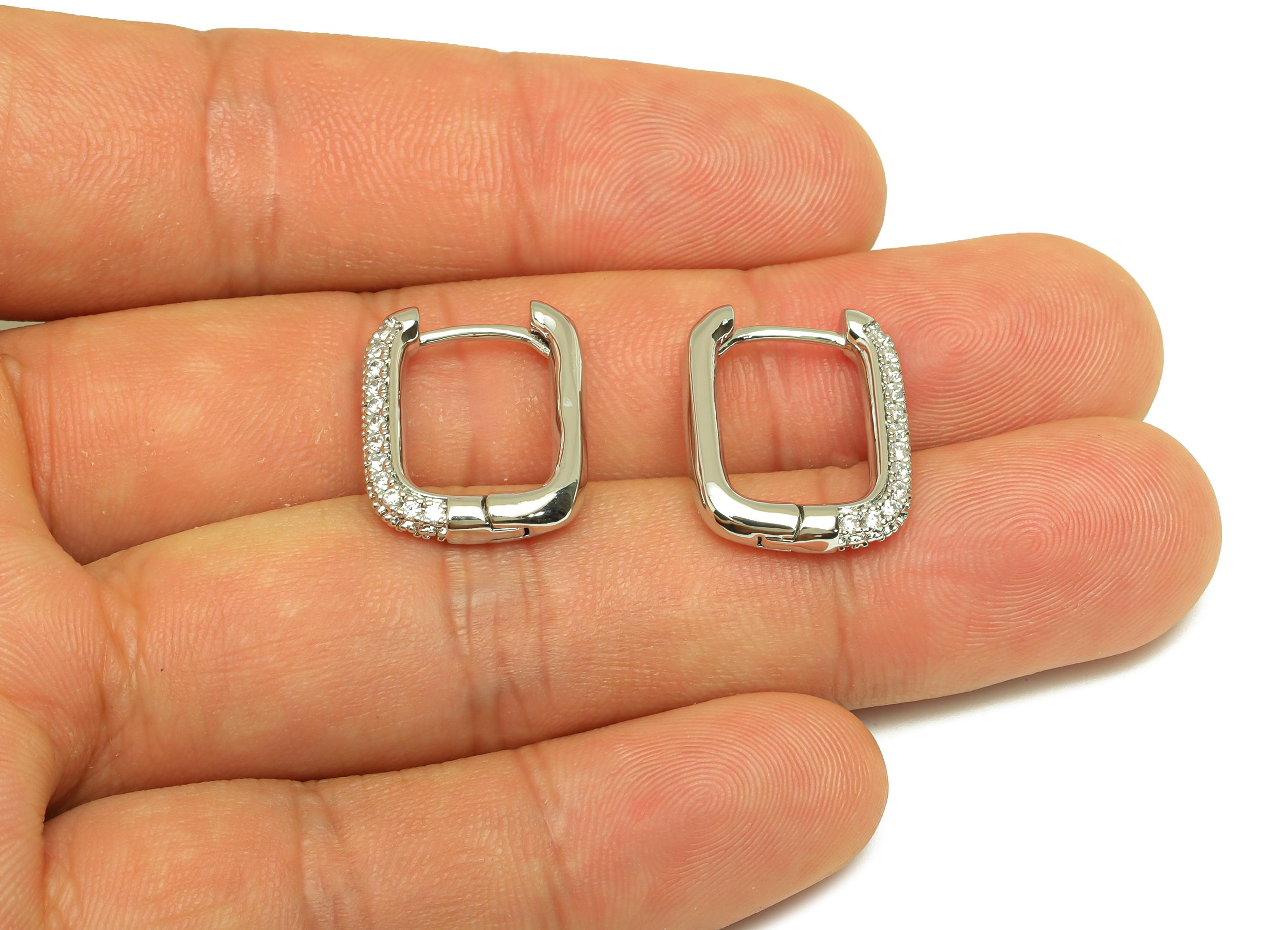 Brass Huggie Hoop Earring - Brass Rectangle Earring Clasp - Zircon Hoop Clasp Earring - 18K Real White Gold Plating - 19.42x14x3mm - RGP7804 - DOMEDBAZAAR