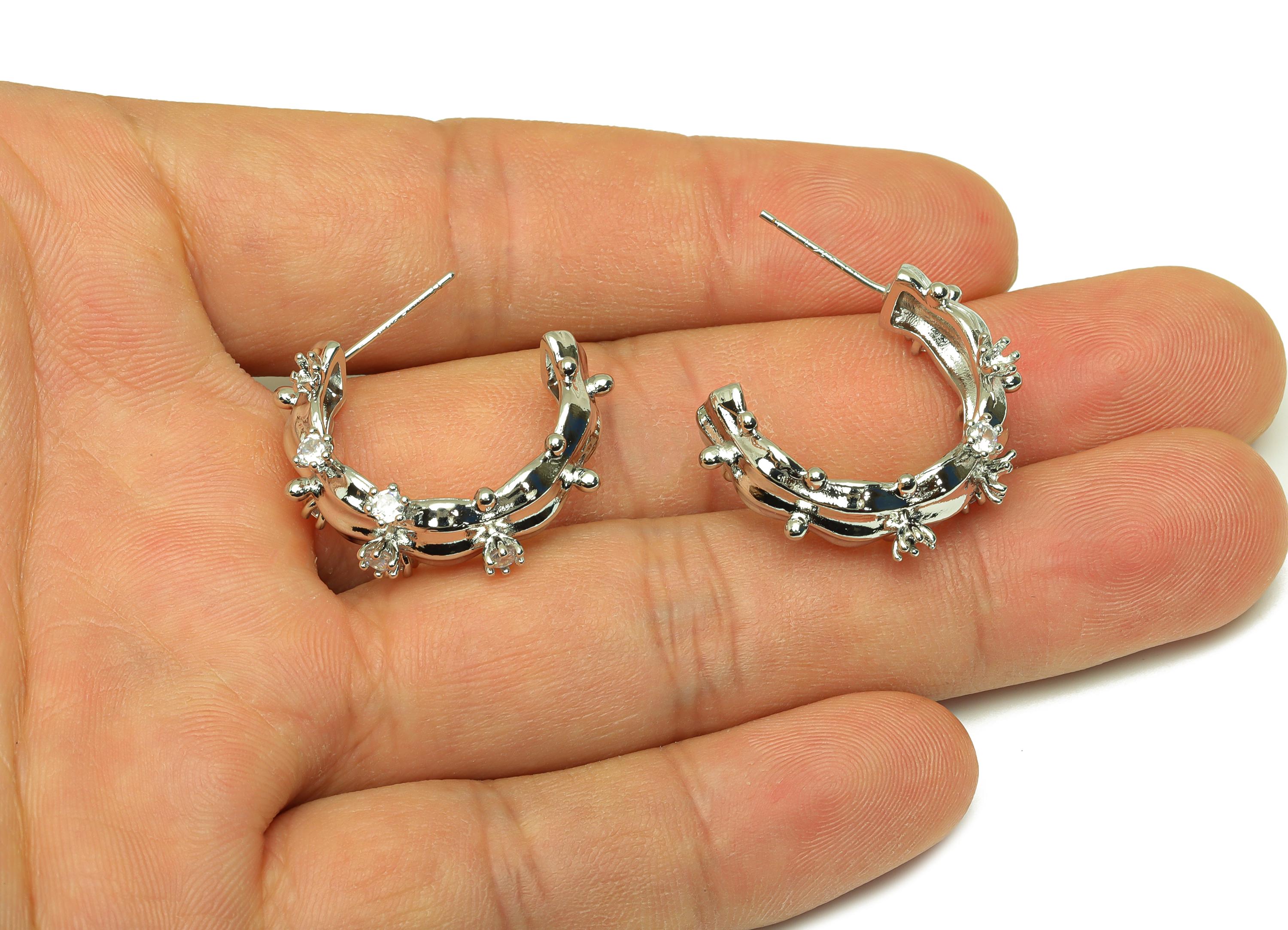 Brass C Hoop Earring - White Zircon Wave Hoop Ear Stud - CZ Round Textured Open Ear Post - 18K Real White Gold Plating -25x23x5.3mm- RGP7594 - DOMEDBAZAAR