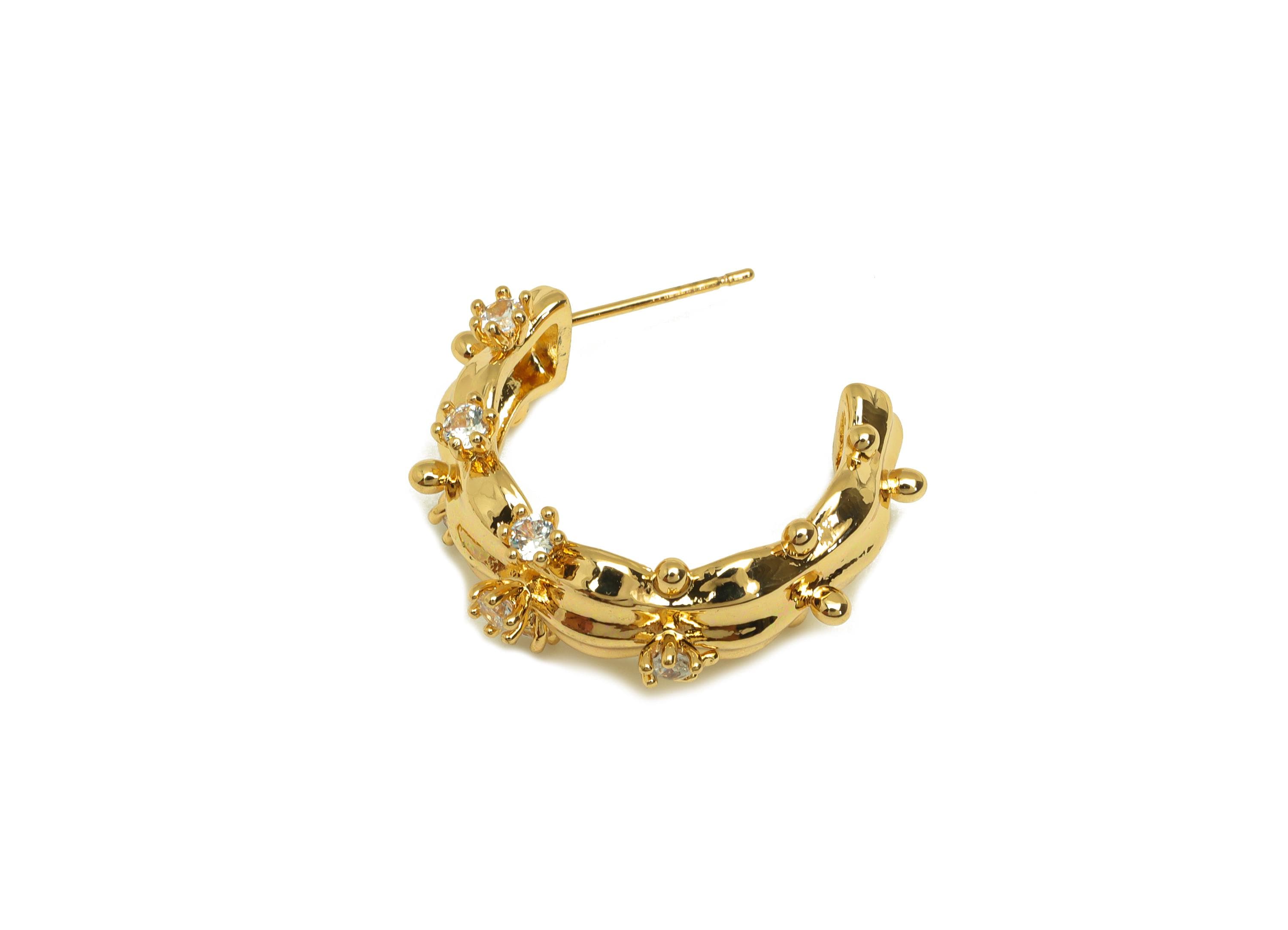 Brass C Hoop Earring - Gold Zircon Wave Hoop Earring Stud - CZ Round Textured Open Earring Post - 18K Real Gold Plating -25x23x5.3mm-RGP7595 - DOMEDBAZAAR