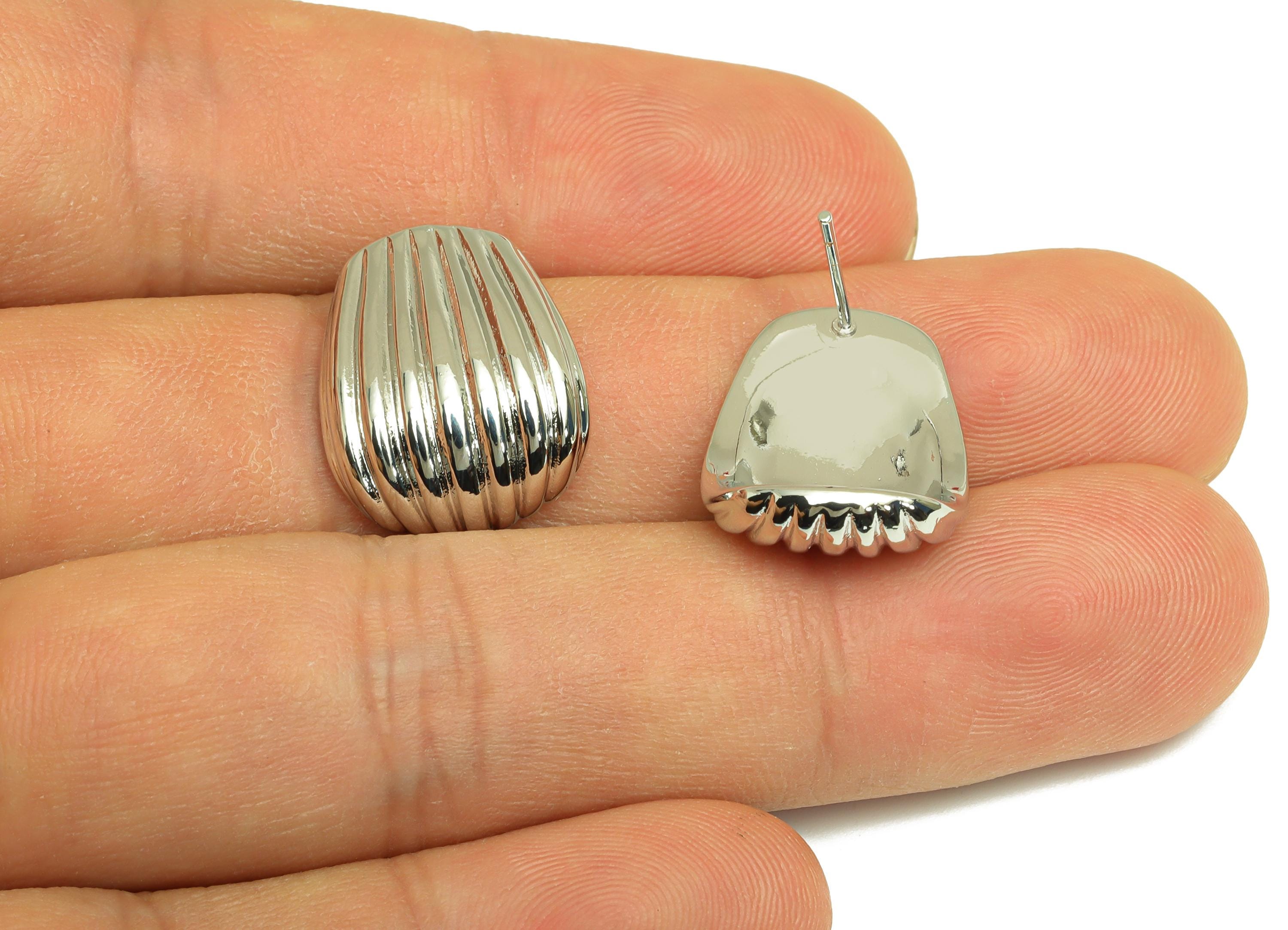 Brass Conch Earring Stud - White Whelk Seashell Conch Ear Post - Textured Conch Earring - 18K Real White Gold Plated - 19x15x6.35mm -RGP7596 - DOMEDBAZAAR