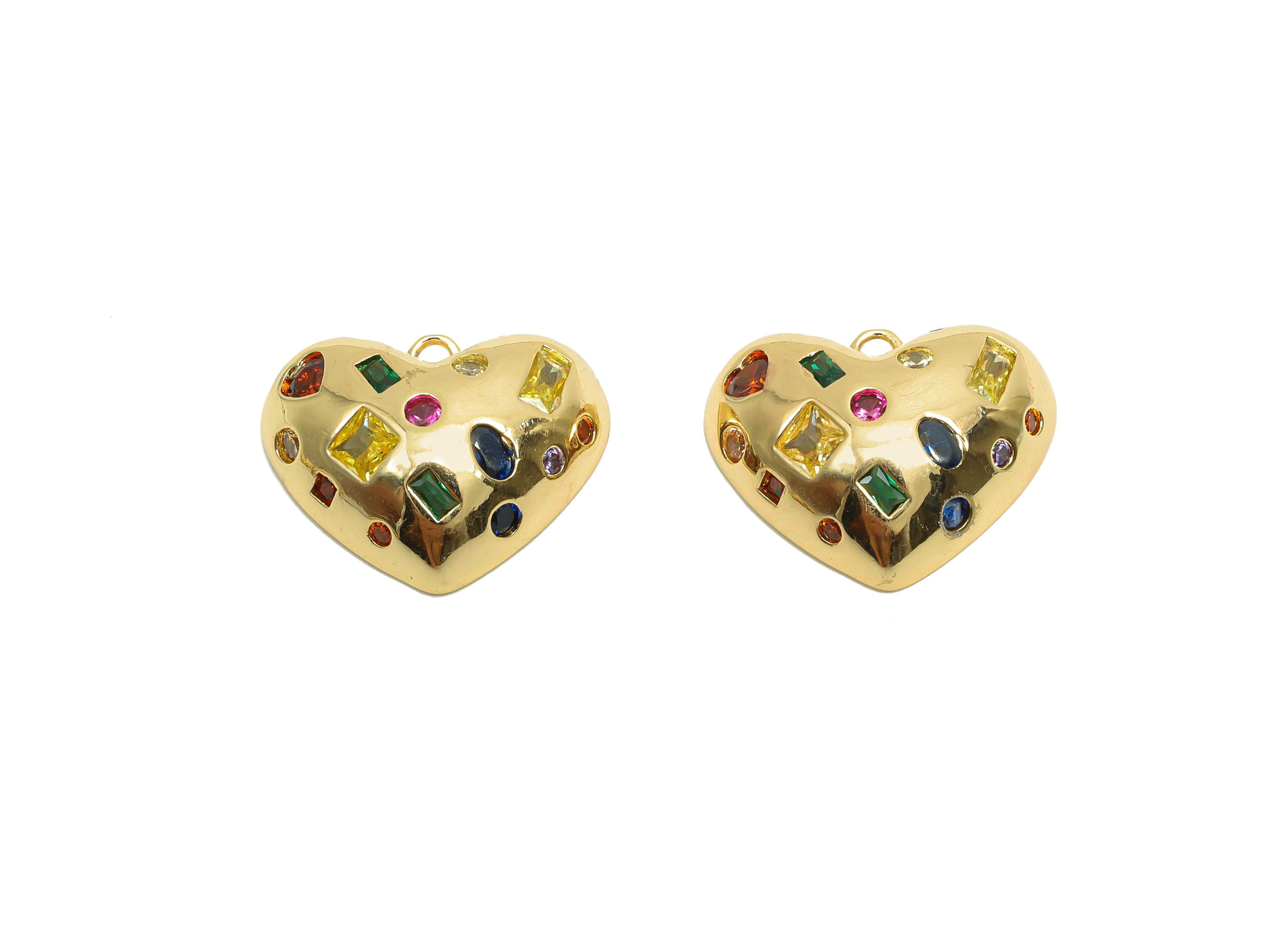 Brass CZ Heart Charms - Brass Cubic Zircon Earring Charm - Brass Rainbow CZ Heart Pendant - 18K Real Gold Plating - 14x18.1x5mm - RGP8206 - DOMEDBAZAAR