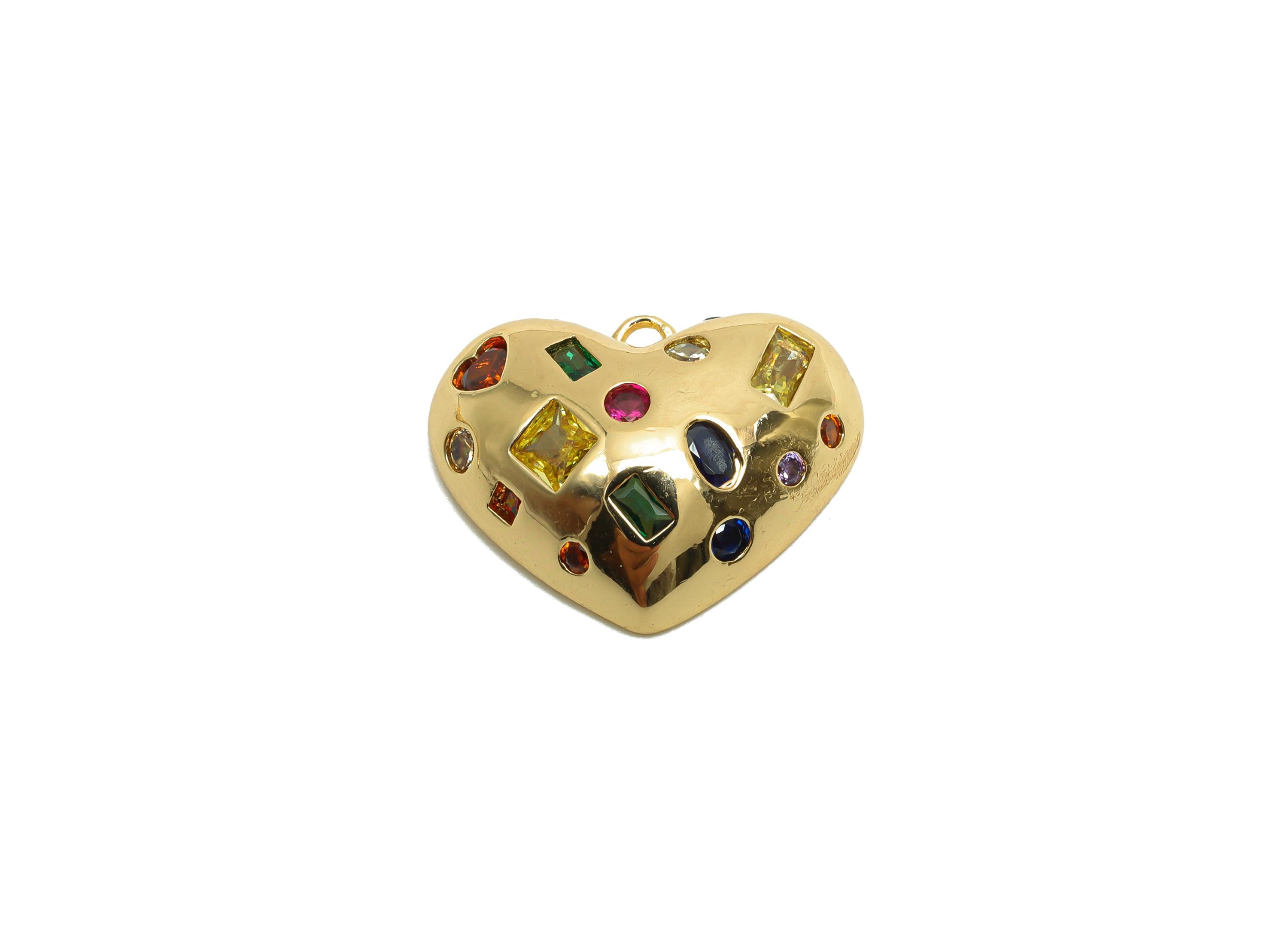 Brass CZ Heart Charms - Brass Cubic Zircon Earring Charm - Brass Rainbow CZ Heart Pendant - 18K Real Gold Plating - 14x18.1x5mm - RGP8206 - DOMEDBAZAAR