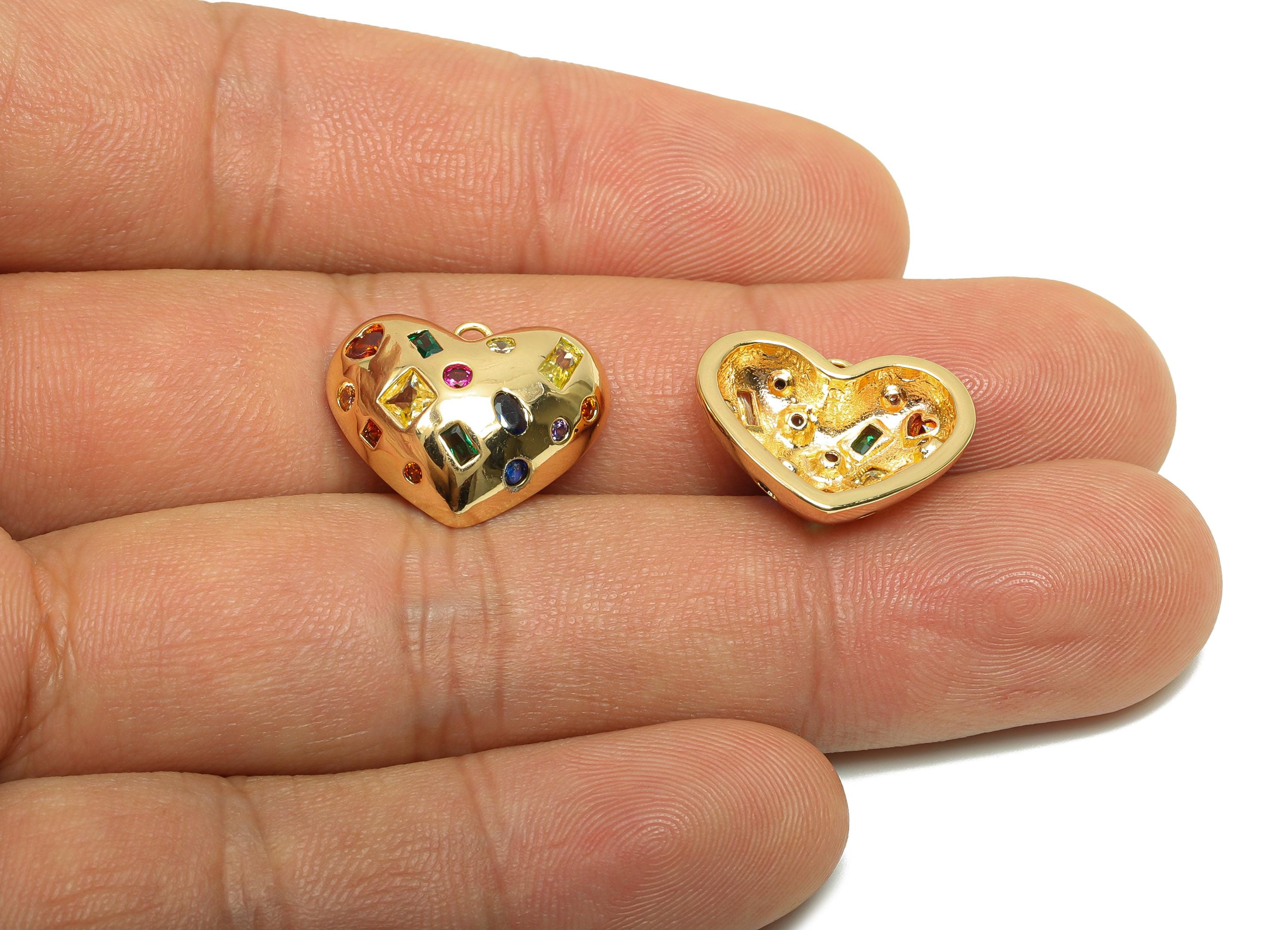 Brass CZ Heart Charms - Brass Cubic Zircon Earring Charm - Brass Rainbow CZ Heart Pendant - 18K Real Gold Plating - 14x18.1x5mm - RGP8206 - DOMEDBAZAAR