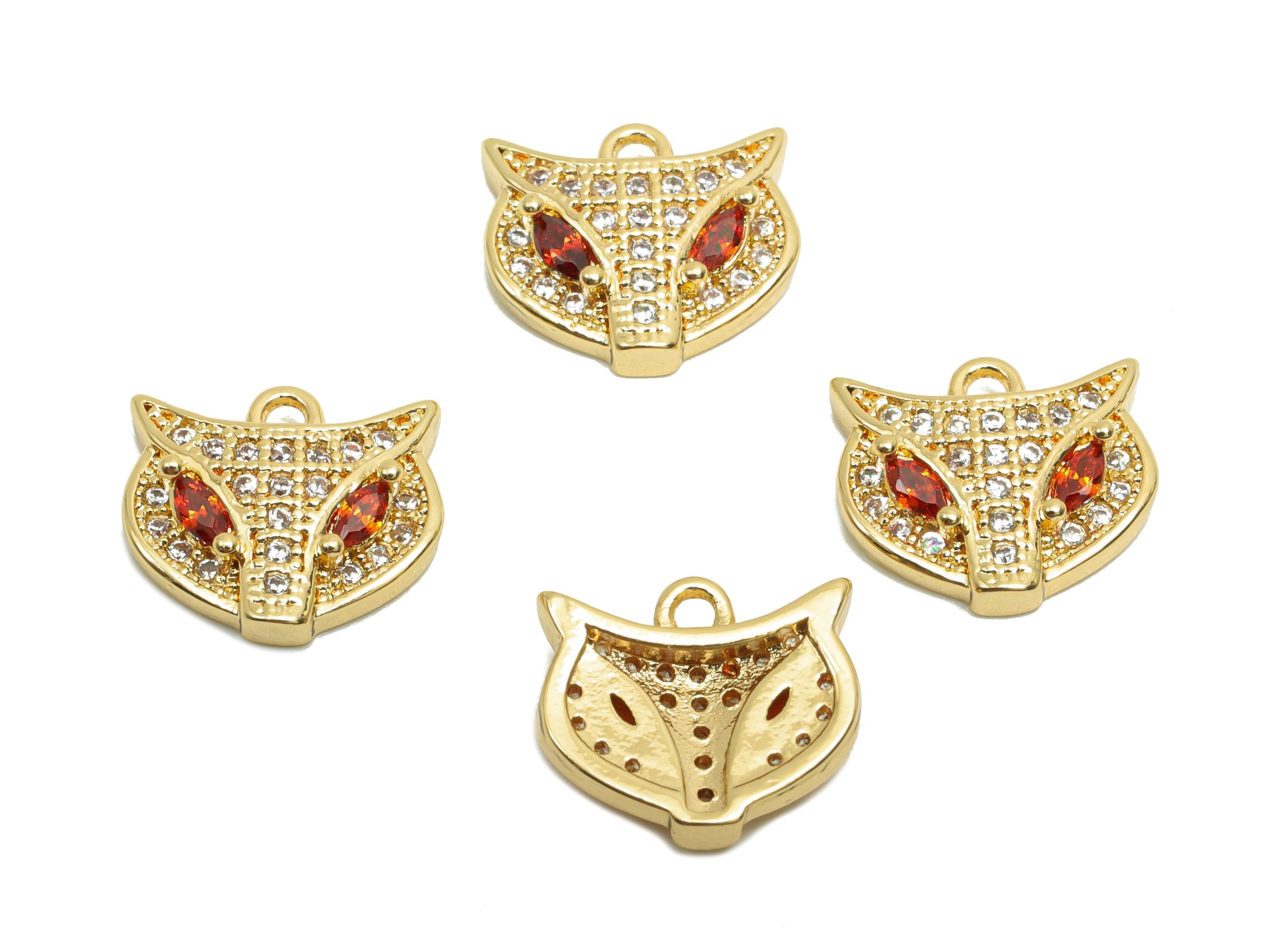 Brass CZ Fox Charms - Brass Cubic Zircon Earring Charm - Brass Red CZ Animal Pendant - 18K Real Gold Plating - 10.82x9.5x3.11mm - RGP8204 - DOMEDBAZAAR