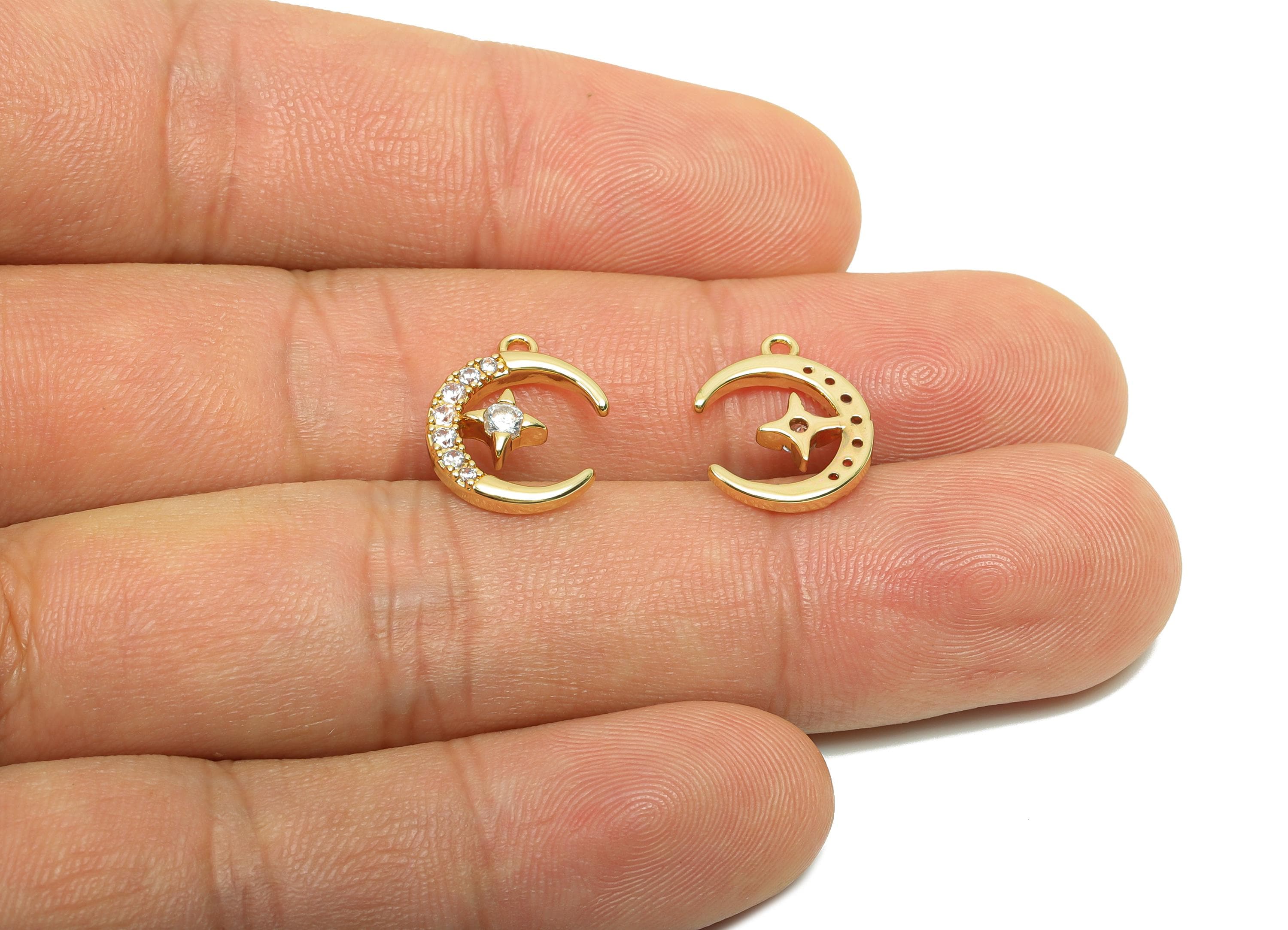 Brass CZ Crescent Earring Charm - Brass Cubic Zircon Earring Charm - Brass Moon Star Pendant - 18K Real Gold Plating - 13x11x2mm - RGP8186 - DOMEDBAZAAR