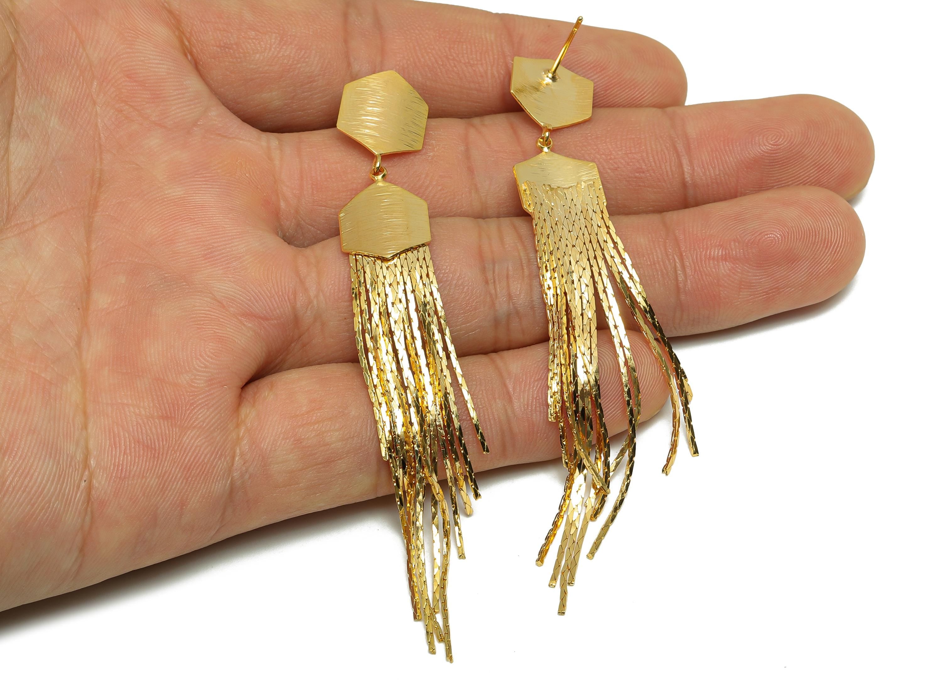 Brass Hexagon Dangle Earring - Hexagon Snake Chian Earring Post - Gold Tassel Dangle Earring - 18K Real Gold Plated - 86x11.7x0.6mm- RGP8271 - DOMEDBAZAAR