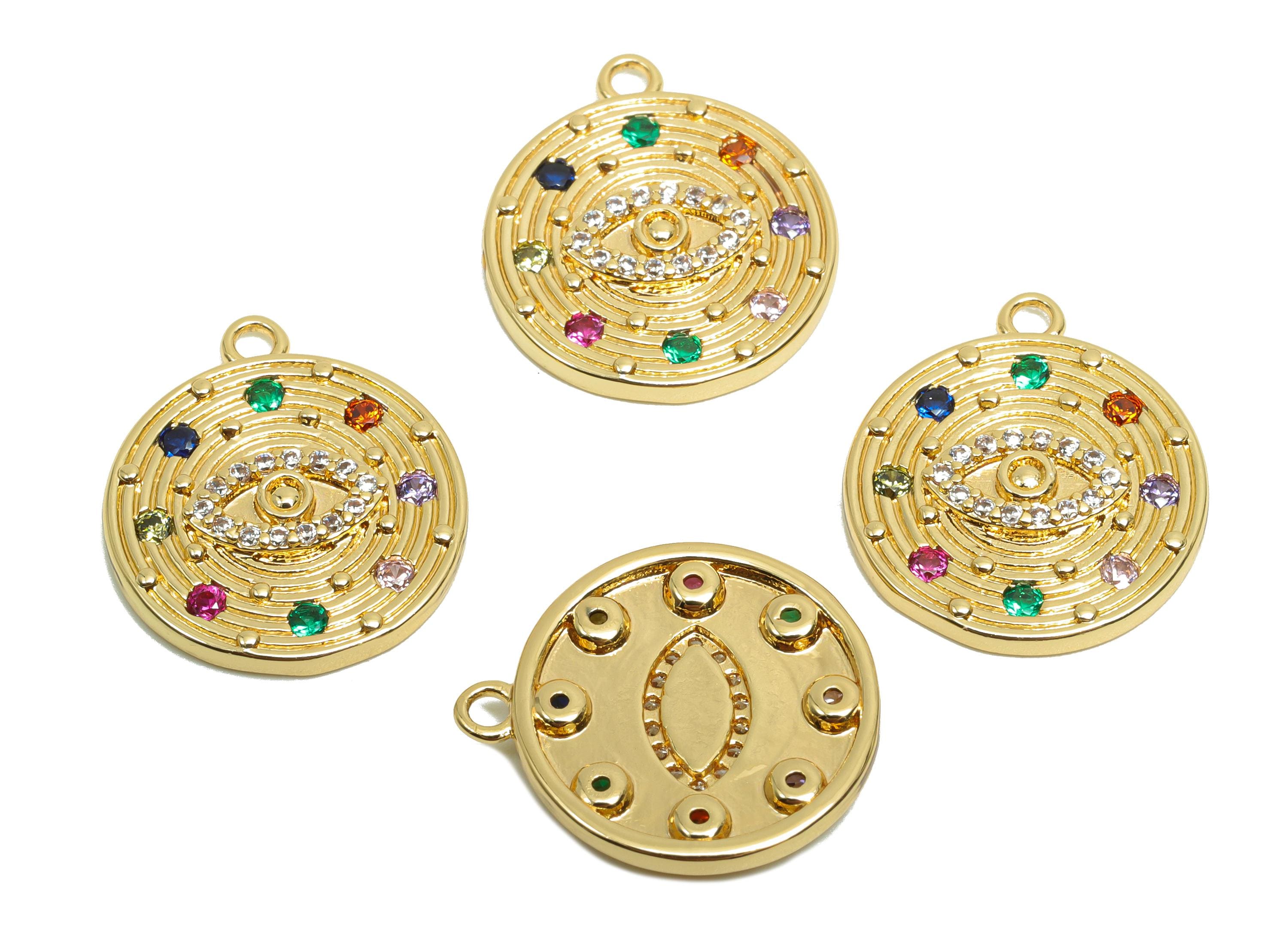 Brass CZ Eye Charms - Brass Cubic Zircon Earring Charm - Brass Textured Rainbow CZ Pendant - 18K Real Gold Plating - 17.5x15x2mm - RGP8199 - DOMEDBAZAAR