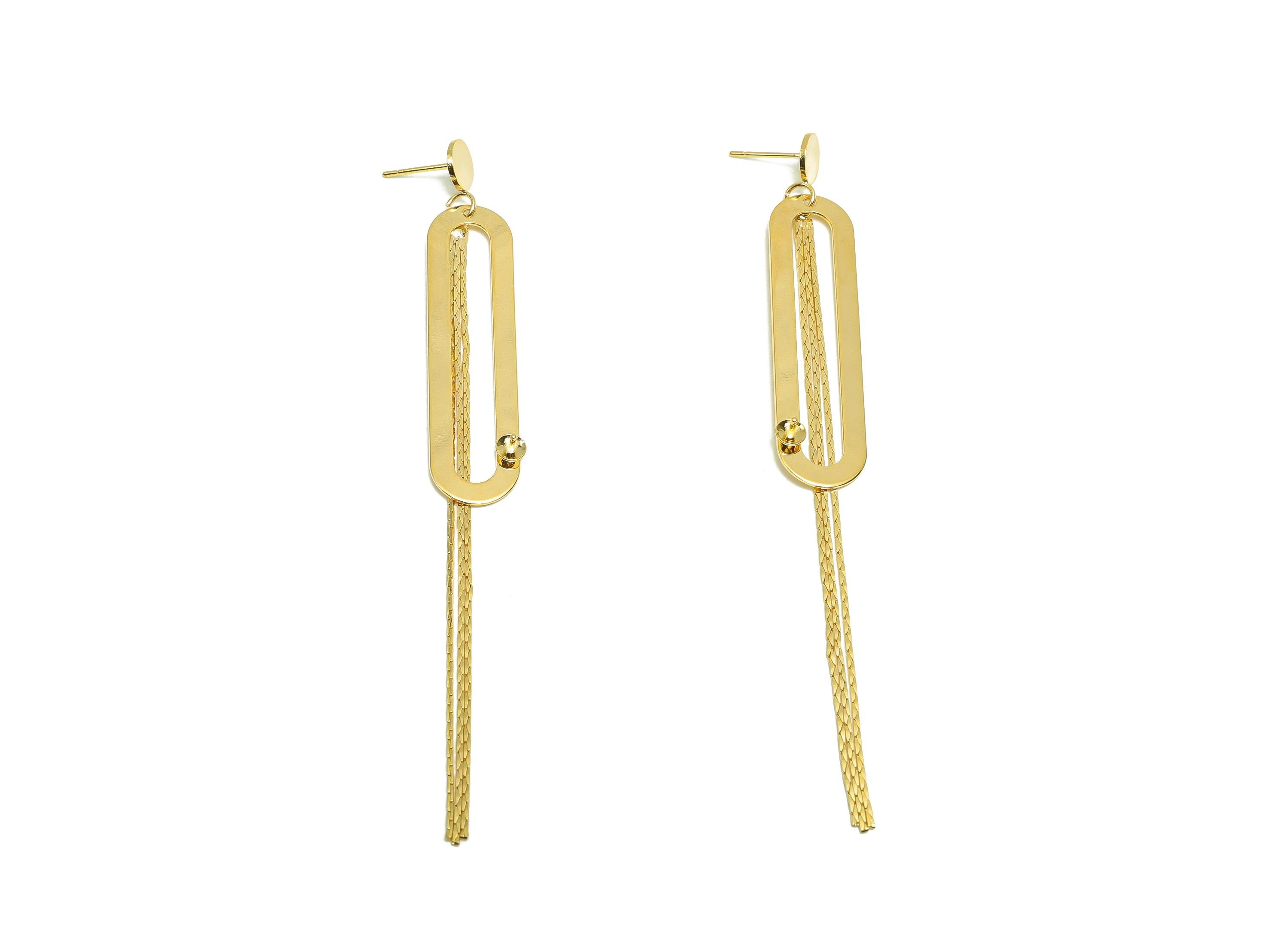 Brass Rectangle Oval Earring - Gold Geometry Dangle Ear - Snake Chian Tassel Earring Post - 18K Real Gold Plated - 98.5x11.7x0.76mm- RGP8273 - DOMEDBAZAAR