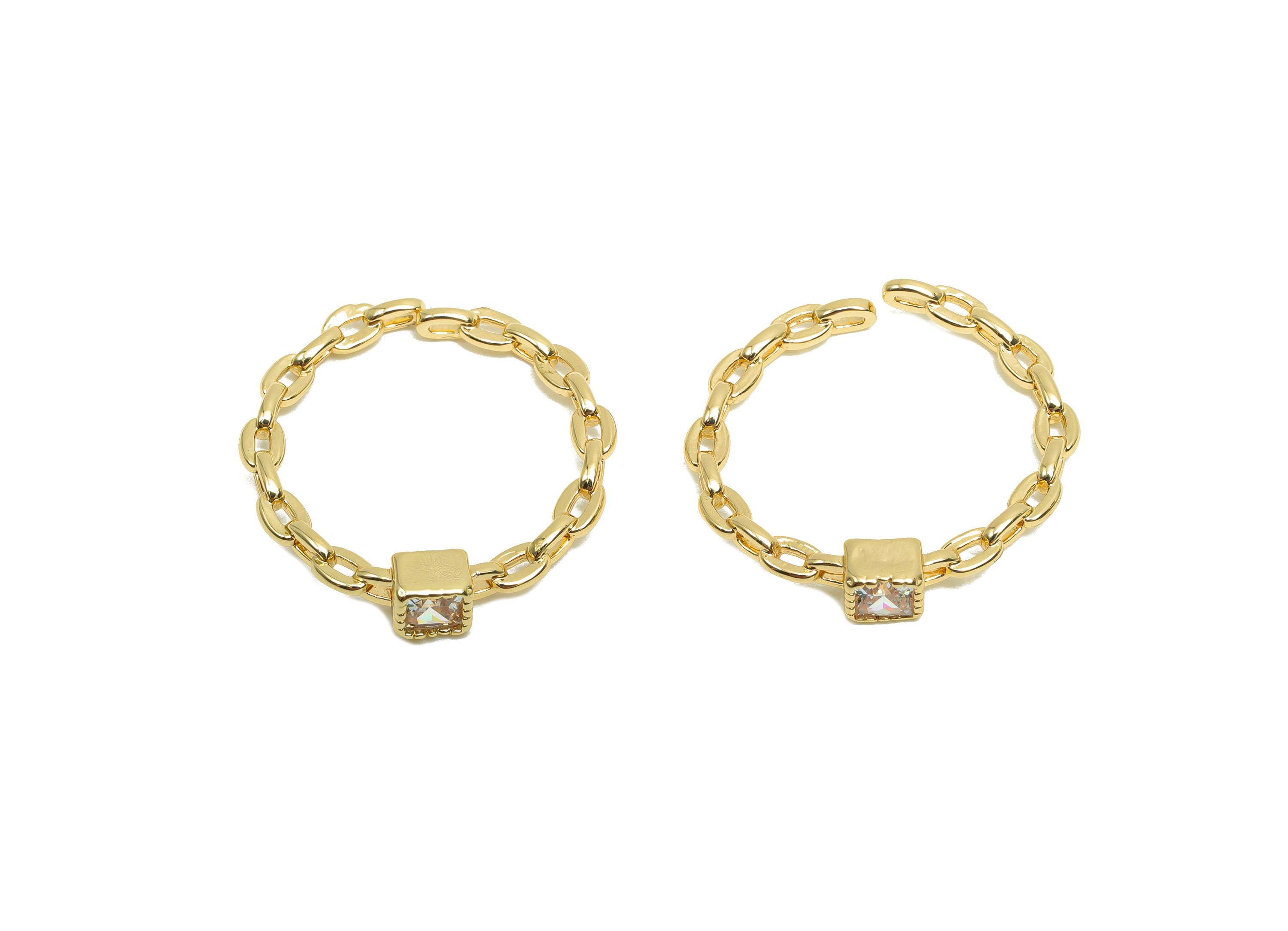 Brass Cube Ring Settings - Brass Adjustable Rings - Brass Cubic Zircon Chain Rope Rings - 18K Real Gold Plating - 21.4x21.34x3mm - RGP8191 - DOMEDBAZAAR
