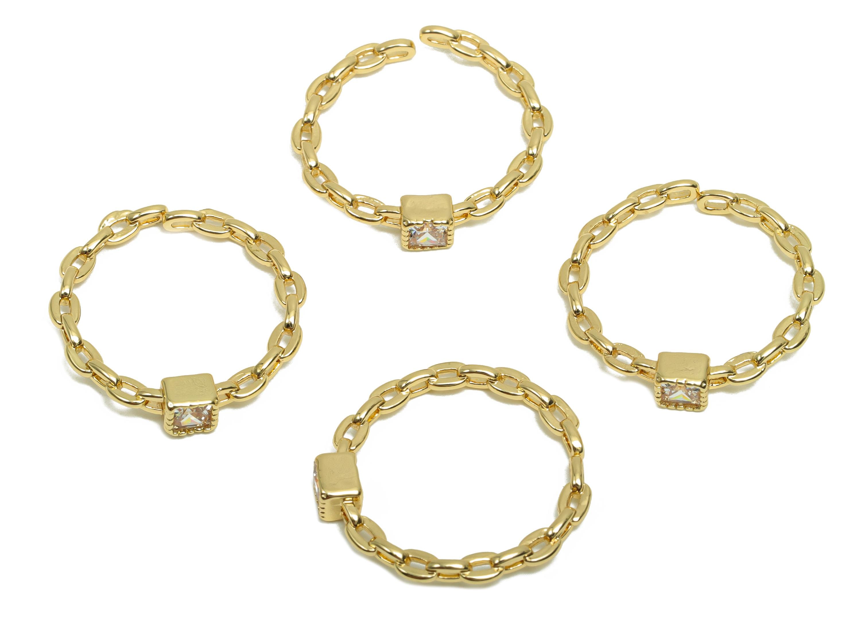 Brass Cube Ring Settings - Brass Adjustable Rings - Brass Cubic Zircon Chain Rope Rings - 18K Real Gold Plating - 21.4x21.34x3mm - RGP8191 - DOMEDBAZAAR