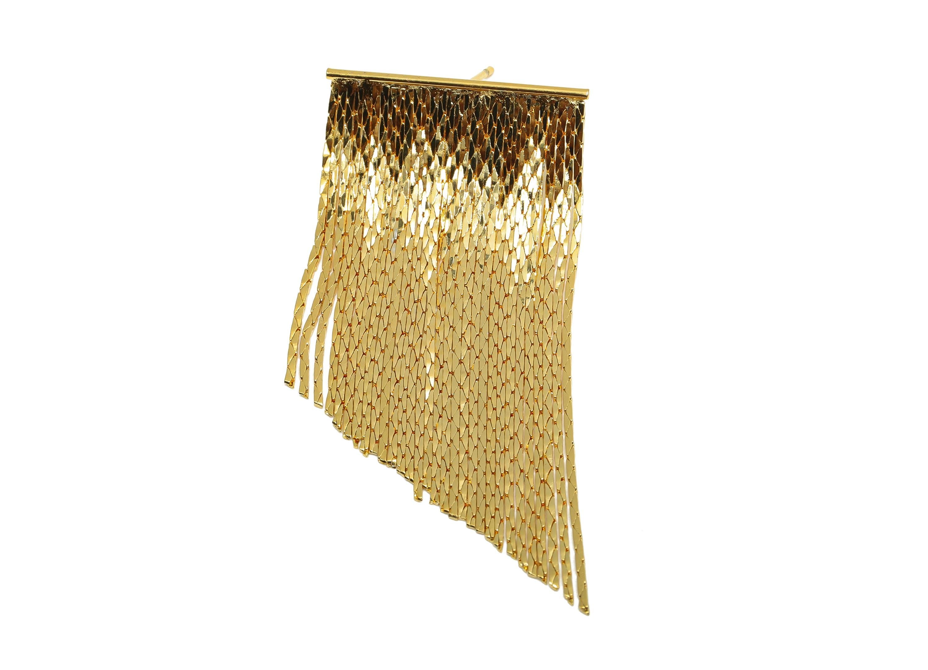 Brass Snake Chain Earring - Gold Snake Chain Tassel Ear Stud - Textured Chain Earring Post - 18K Real Gold Plating - 54x25x1.32mm - RGP8275 - DOMEDBAZAAR
