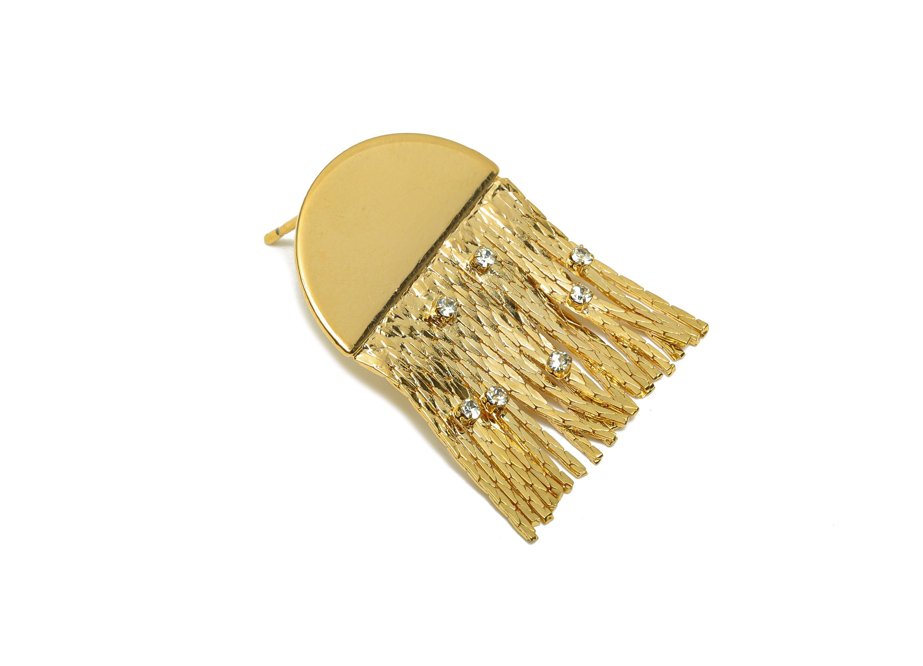 Brass Snake Chain Earring - Gold Semicircle Tassel Earring Stud - Zircon Chain Tassel Ear Post - 18K Real Gold Plating - 31x21x1mm - RGP8276 - DOMEDBAZAAR
