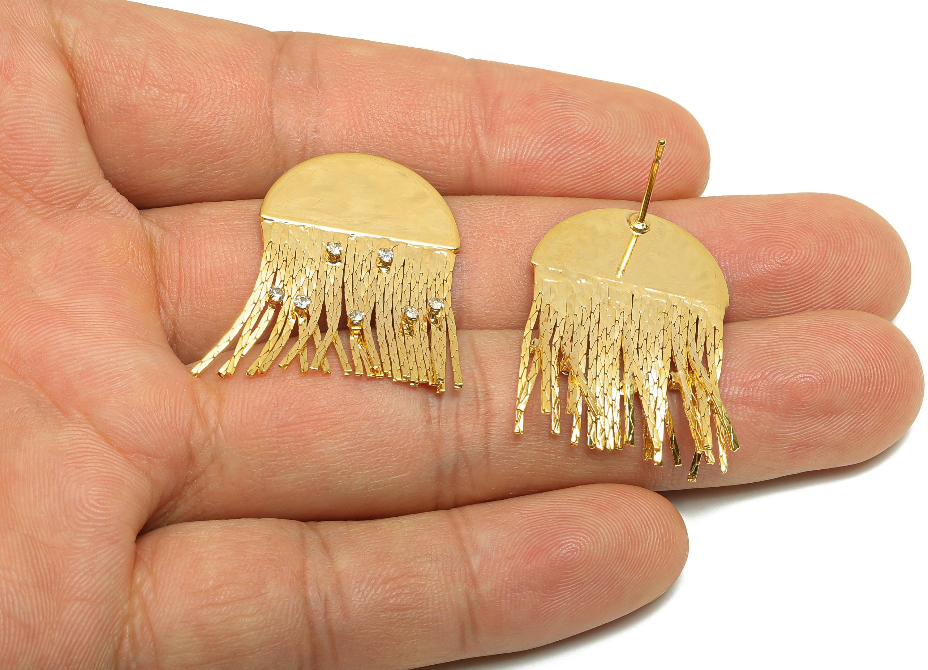 Brass Snake Chain Earring - Gold Semicircle Tassel Earring Stud - Zircon Chain Tassel Ear Post - 18K Real Gold Plating - 31x21x1mm - RGP8276 - DOMEDBAZAAR