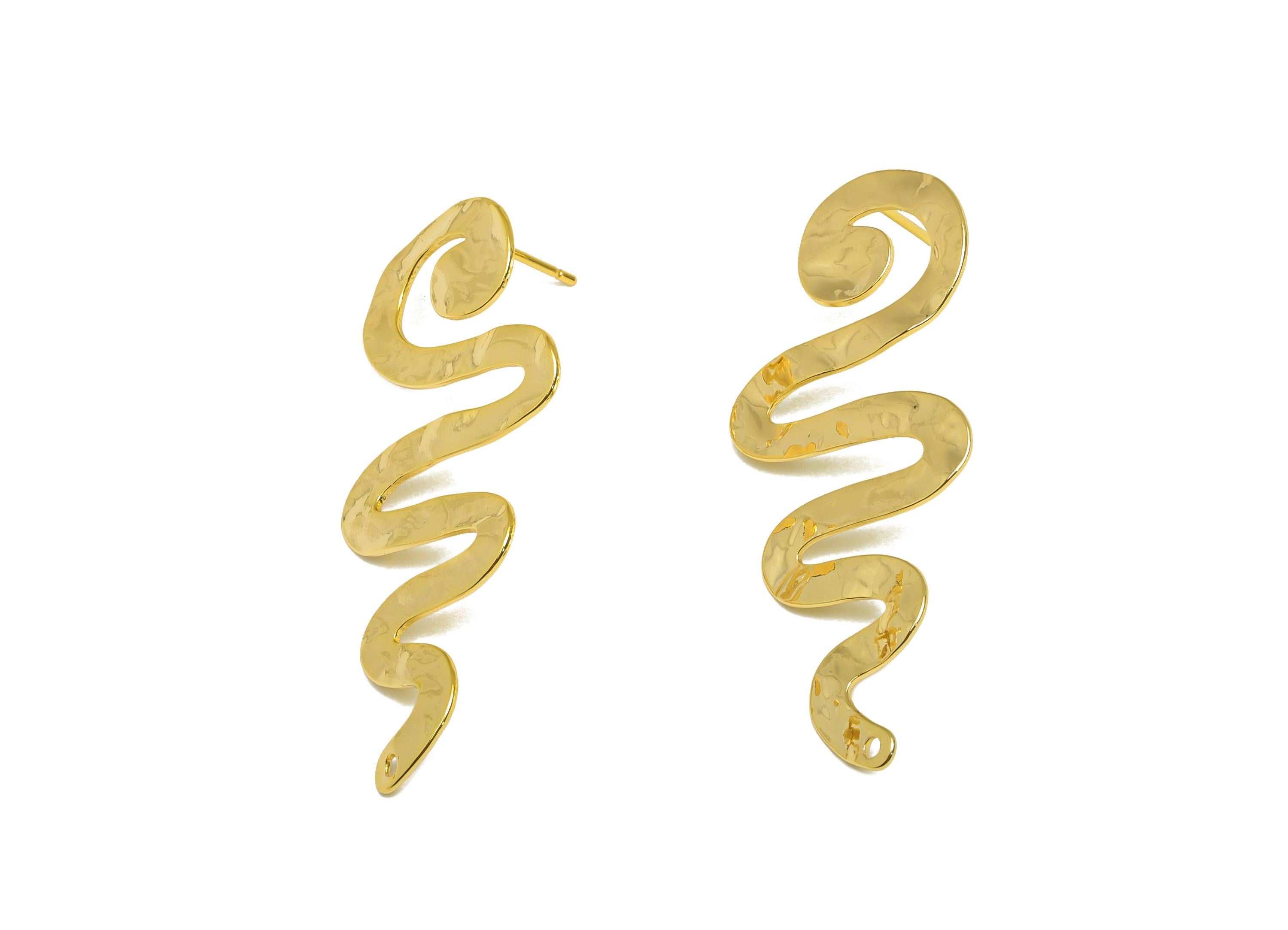 Brass Snake Earring Stud - Brass Hammered Earring Post - Brass Animal Earring Post - 18K Real Gold Plated - 44.9x19.89x0.88mm -RGP7869 - DOMEDBAZAAR